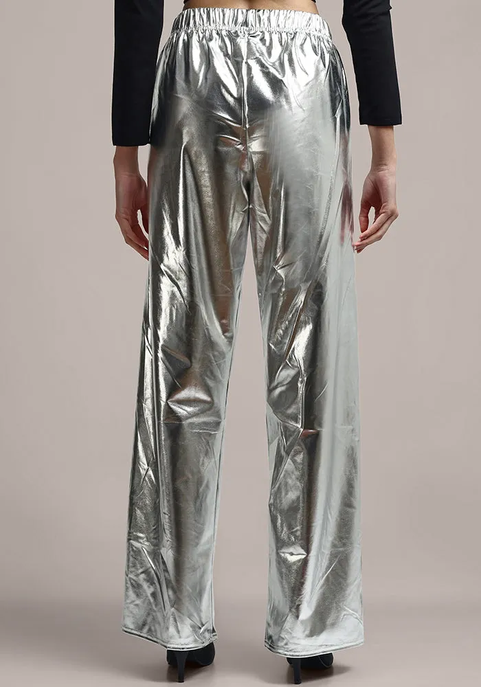 Silver Metallic Wide Leg Trousers