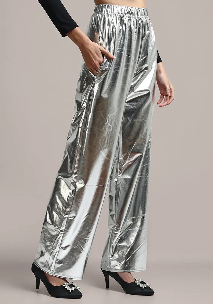 Silver Metallic Wide Leg Trousers