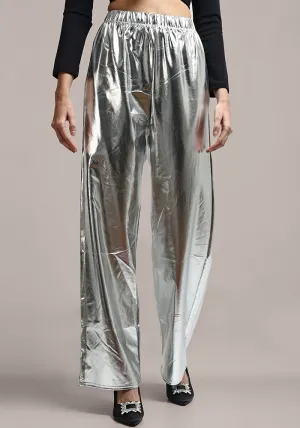 Silver Metallic Wide Leg Trousers