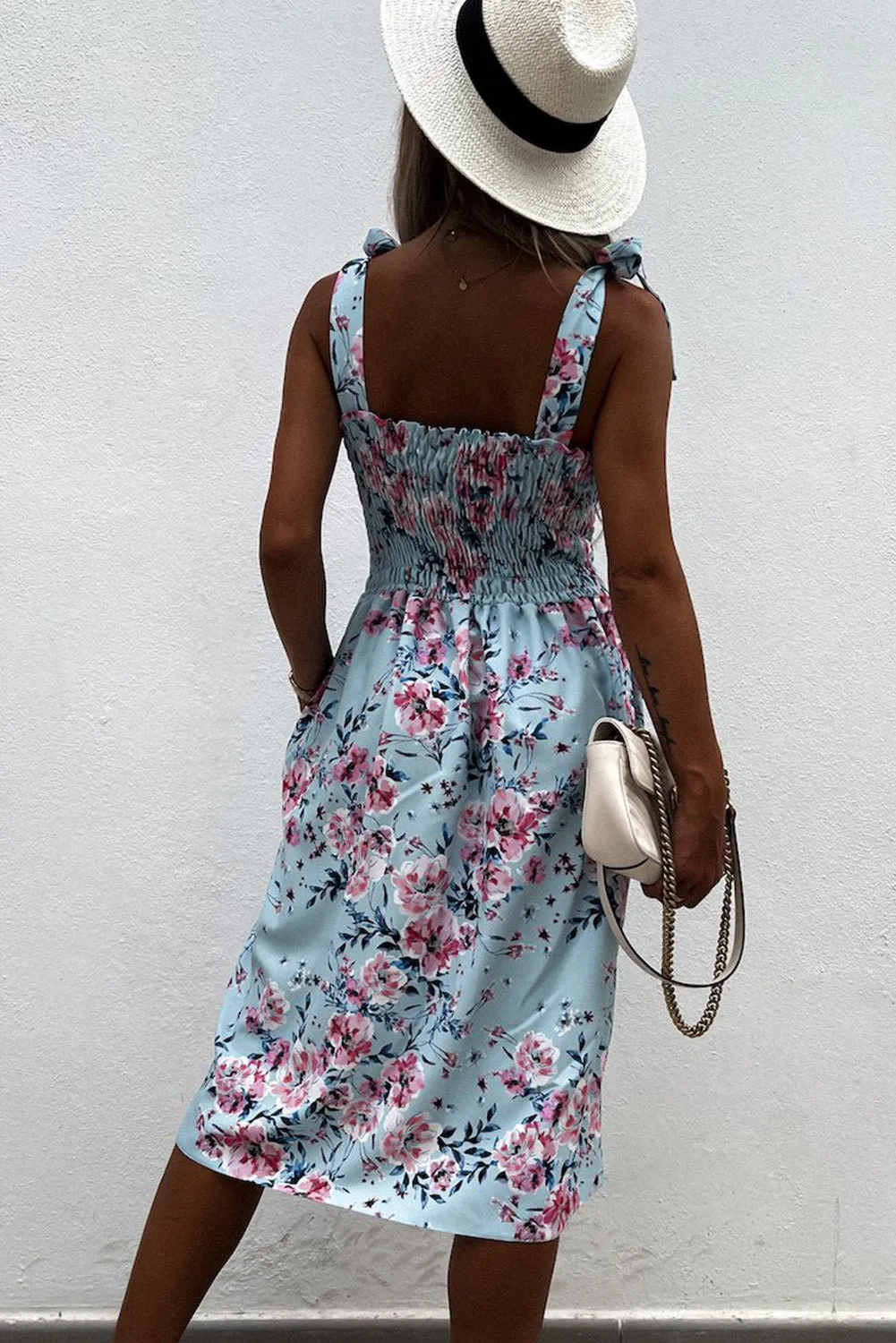 Sky Blue Tie Straps Smocked Floral Dress