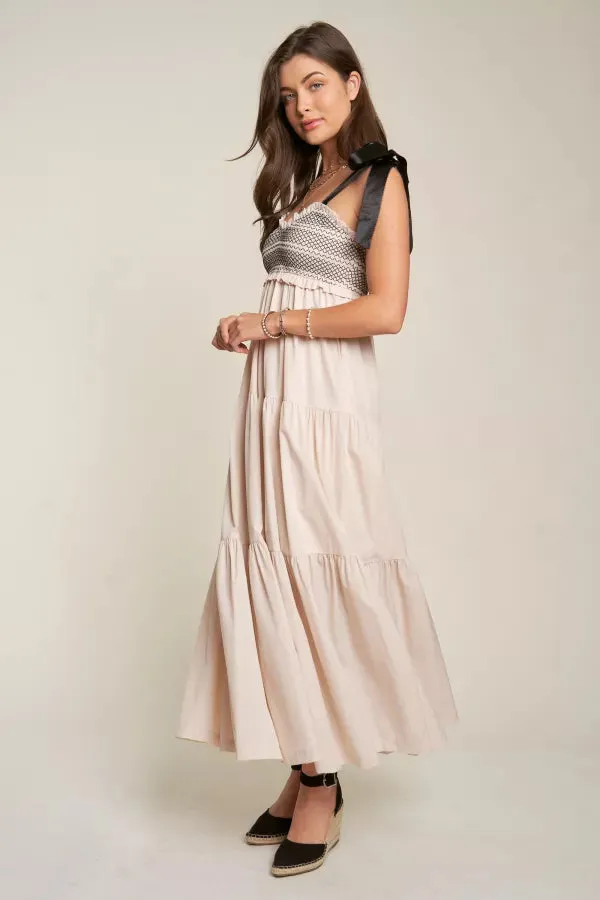SMOCKED BODICE AND BOW TIE STRAPS MAXI DRESS