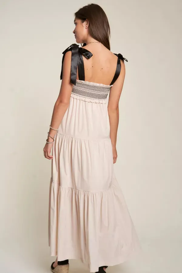 SMOCKED BODICE AND BOW TIE STRAPS MAXI DRESS