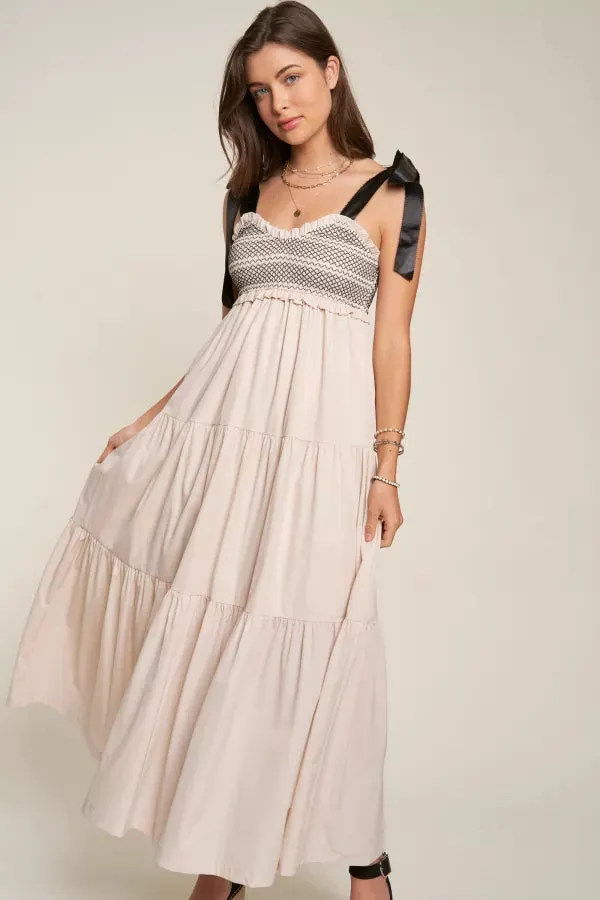 SMOCKED BODICE AND BOW TIE STRAPS MAXI DRESS