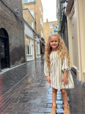 Smocked Dress - Cream with Charcoal Stripes