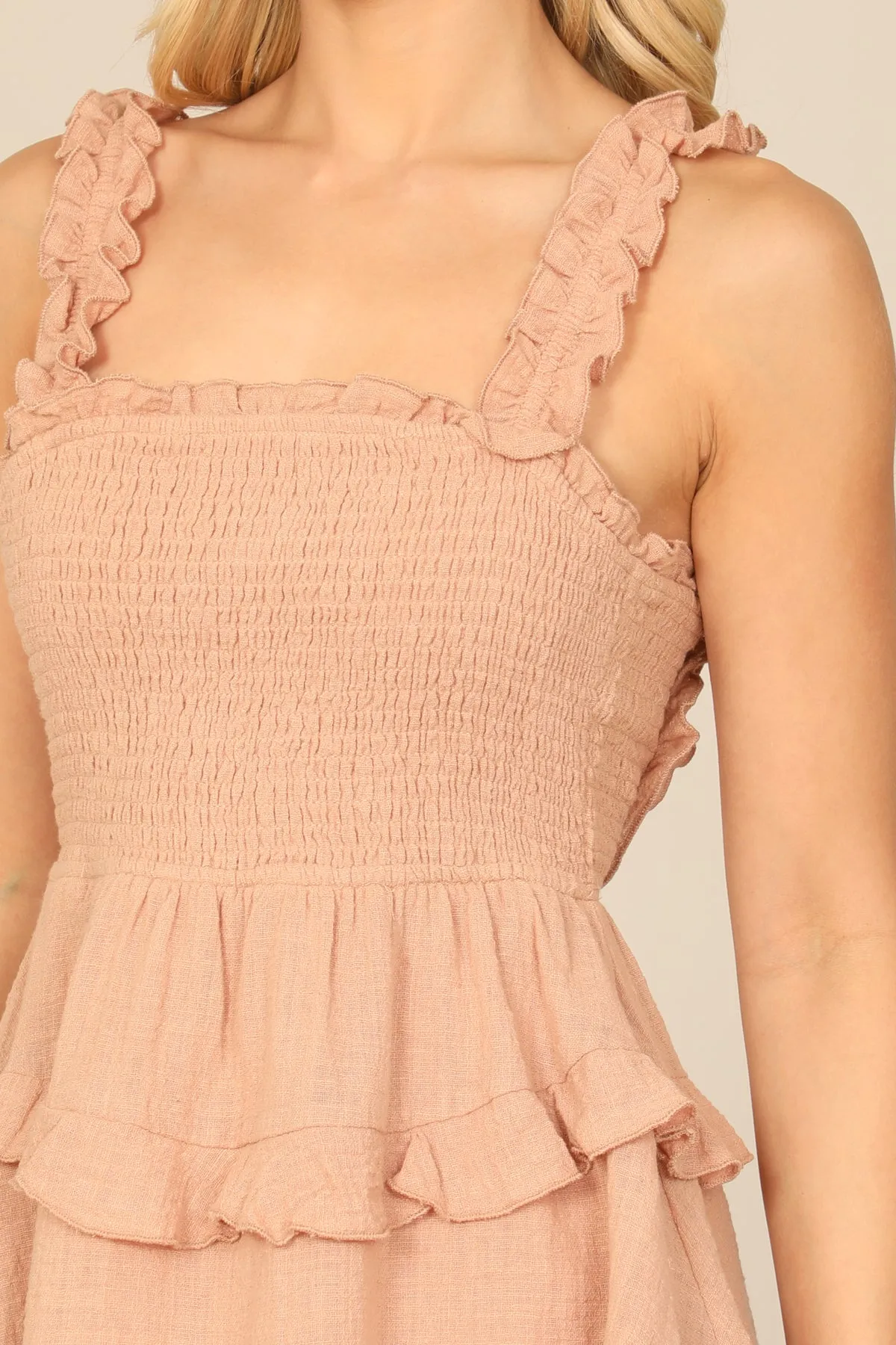 SMOCKED RUFFLE STRAP LAYERED MINI DRESS