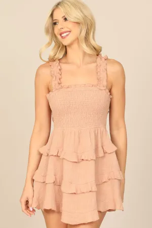 SMOCKED RUFFLE STRAP LAYERED MINI DRESS