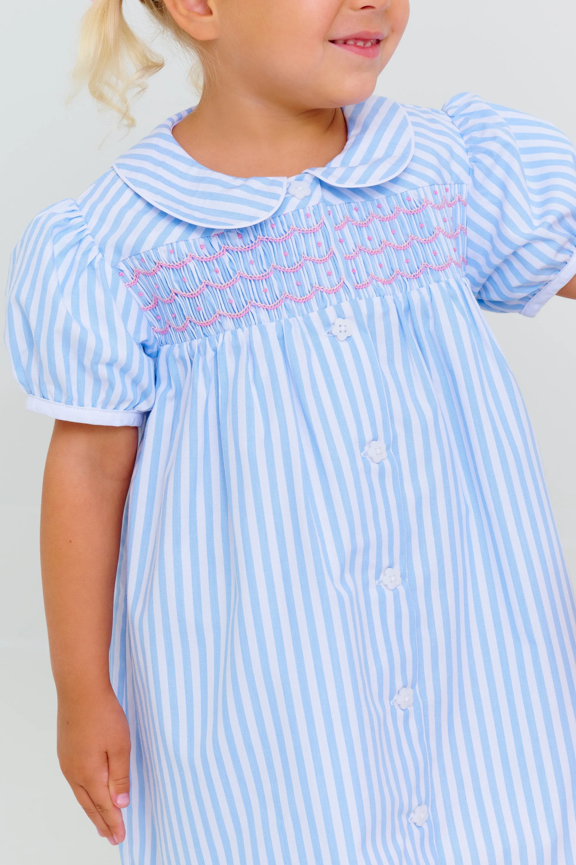 Smocked Tabitha's Teacher's Pet Dress - Beale Street Blue Stripe with Hamptons Hot Pink