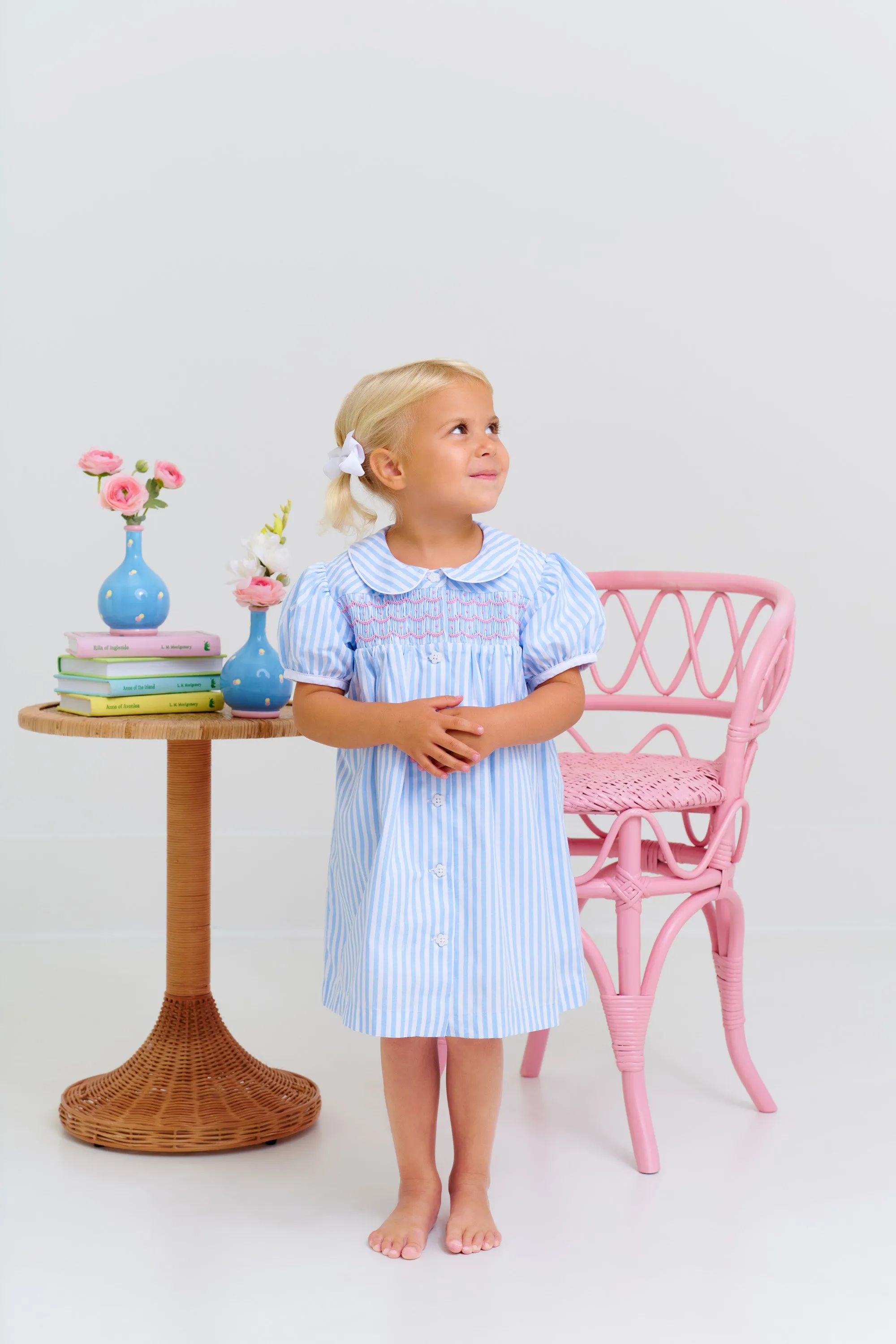 Smocked Tabitha's Teacher's Pet Dress - Beale Street Blue Stripe with Hamptons Hot Pink