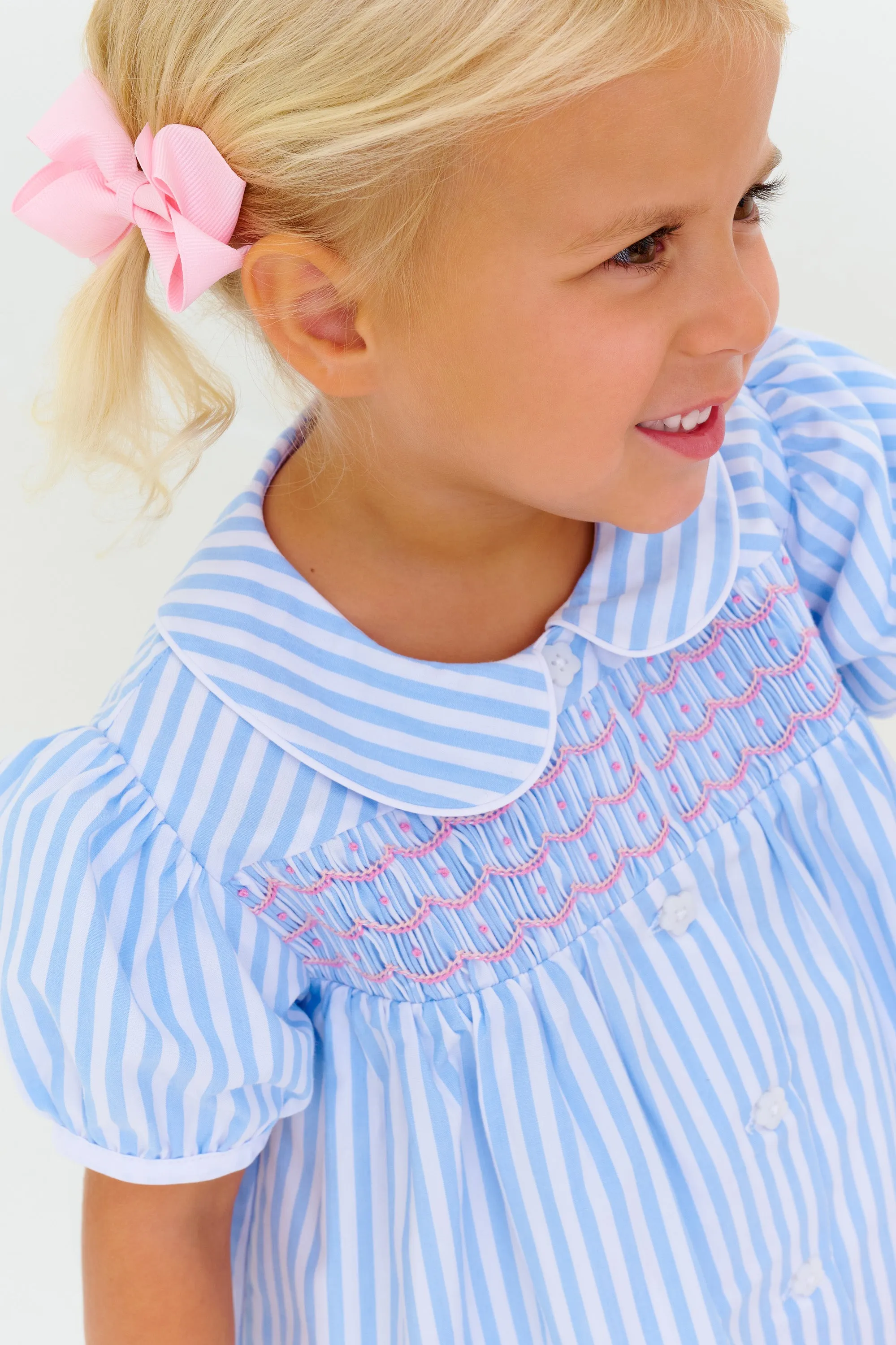 Smocked Tabitha's Teacher's Pet Dress - Beale Street Blue Stripe with Hamptons Hot Pink