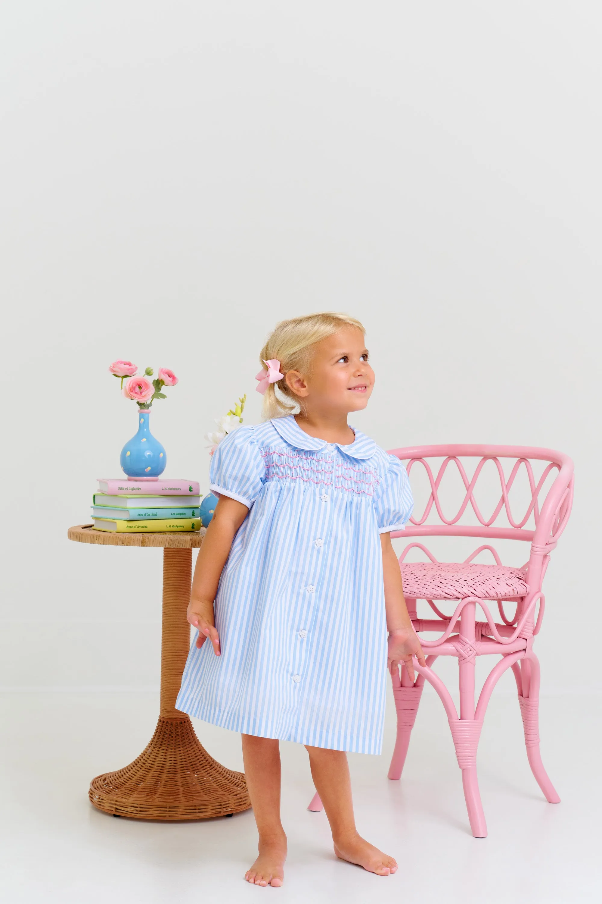 Smocked Tabitha's Teacher's Pet Dress - Beale Street Blue Stripe with Hamptons Hot Pink