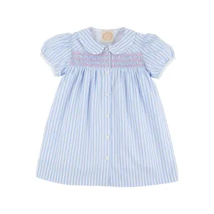 Smocked Tabitha's Teacher's Pet Dress - Beale Street Blue Stripe with Hamptons Hot Pink