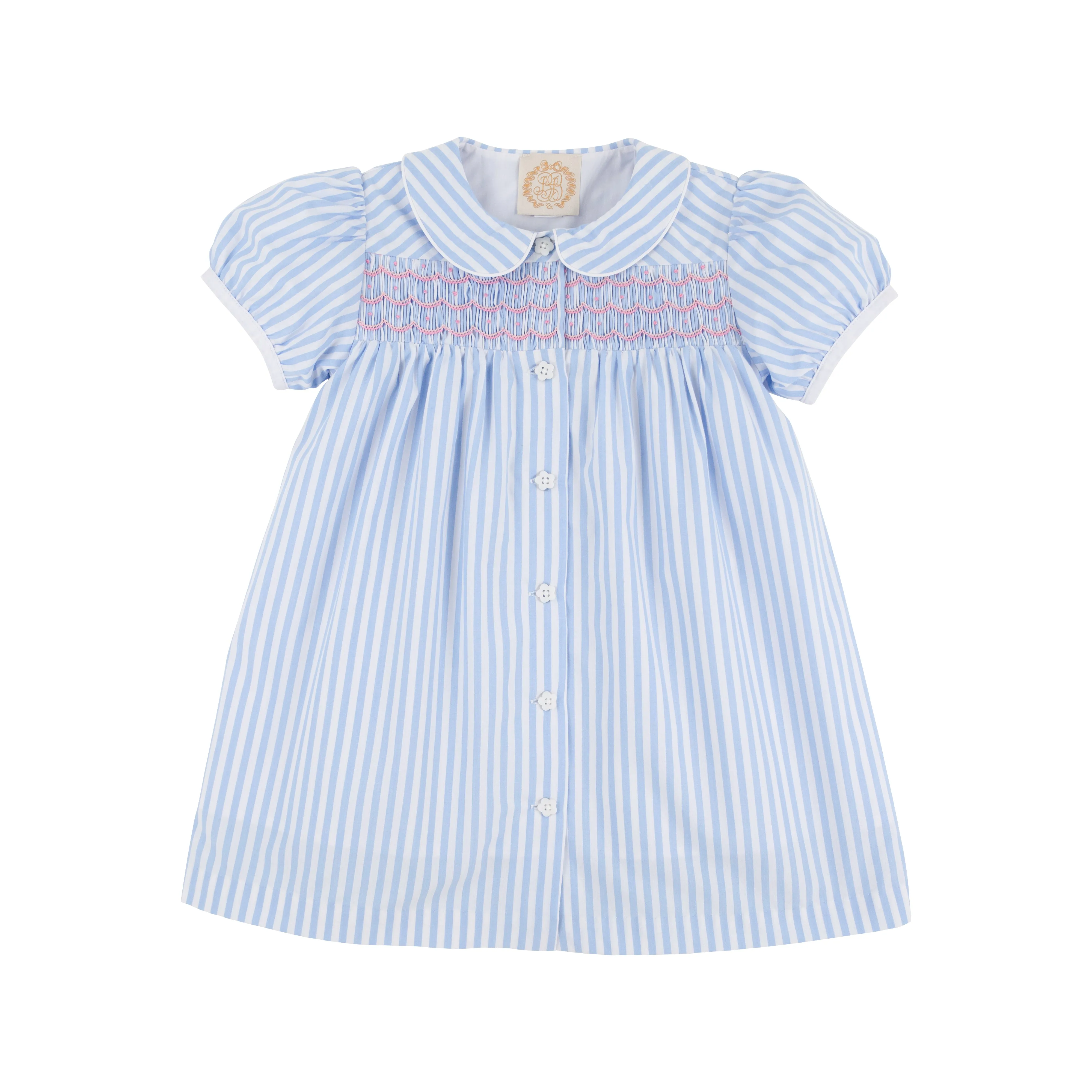 Smocked Tabitha's Teacher's Pet Dress - Beale Street Blue Stripe with Hamptons Hot Pink