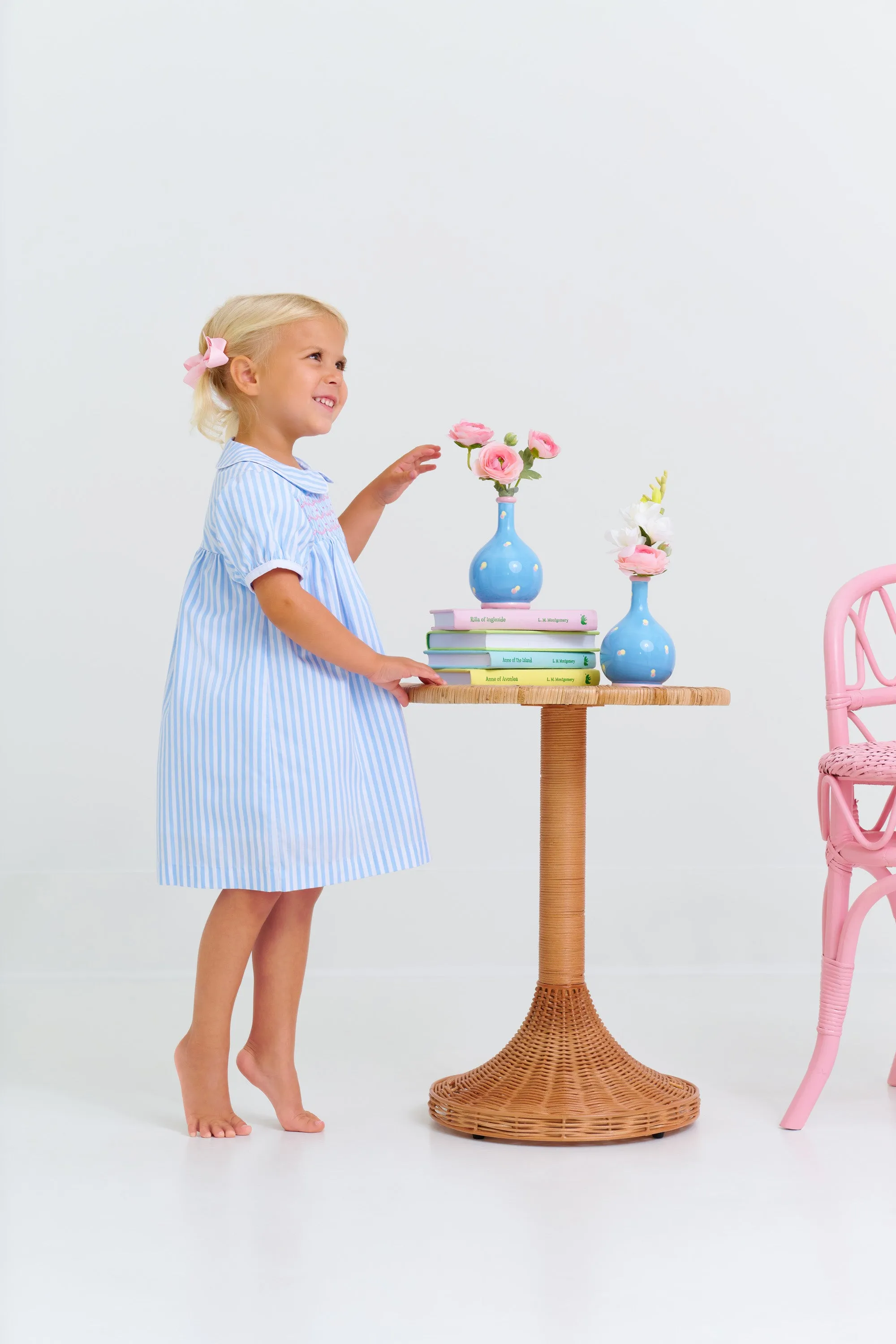 Smocked Tabitha's Teacher's Pet Dress - Beale Street Blue Stripe with Hamptons Hot Pink