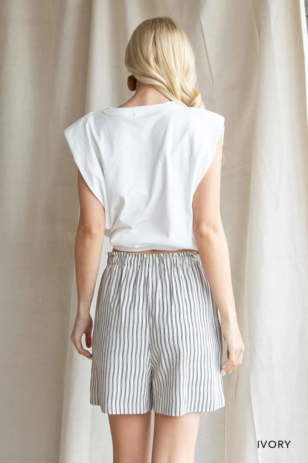 Soft Linen Blend Striped Shorts - Ivory