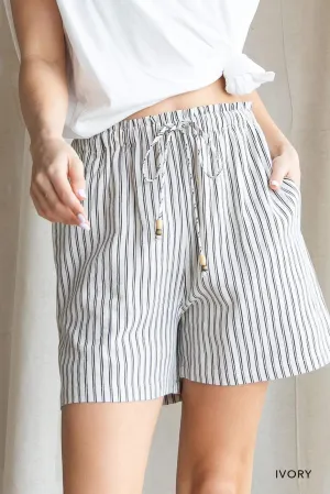 Soft Linen Blend Striped Shorts - Ivory