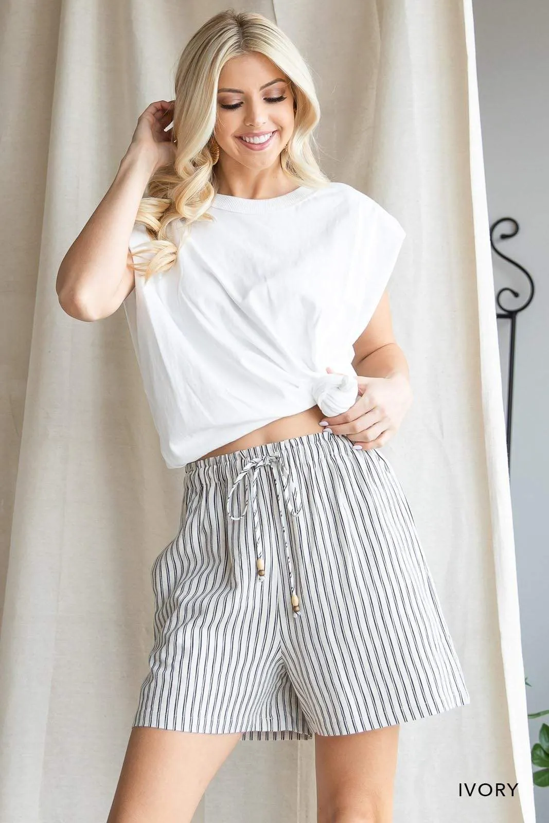 Soft Linen Blend Striped Shorts - Ivory