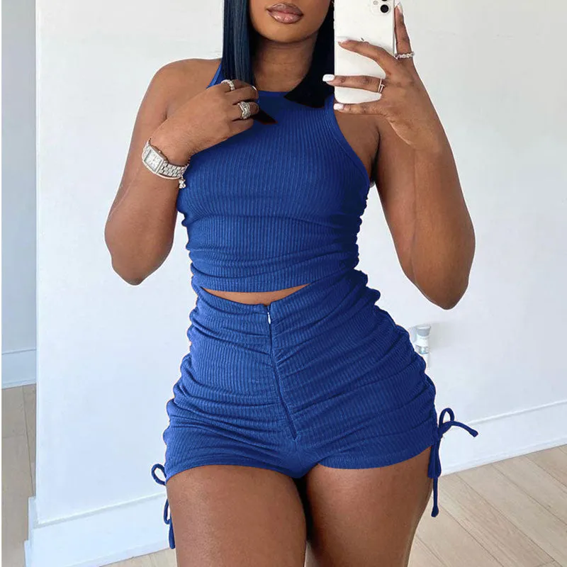Solid Sleeveless Top & Drawstring Shorts Set