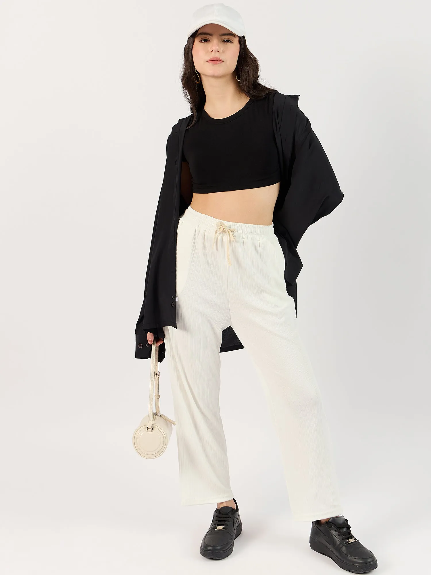Solid White Textured Wide Leg Trouser