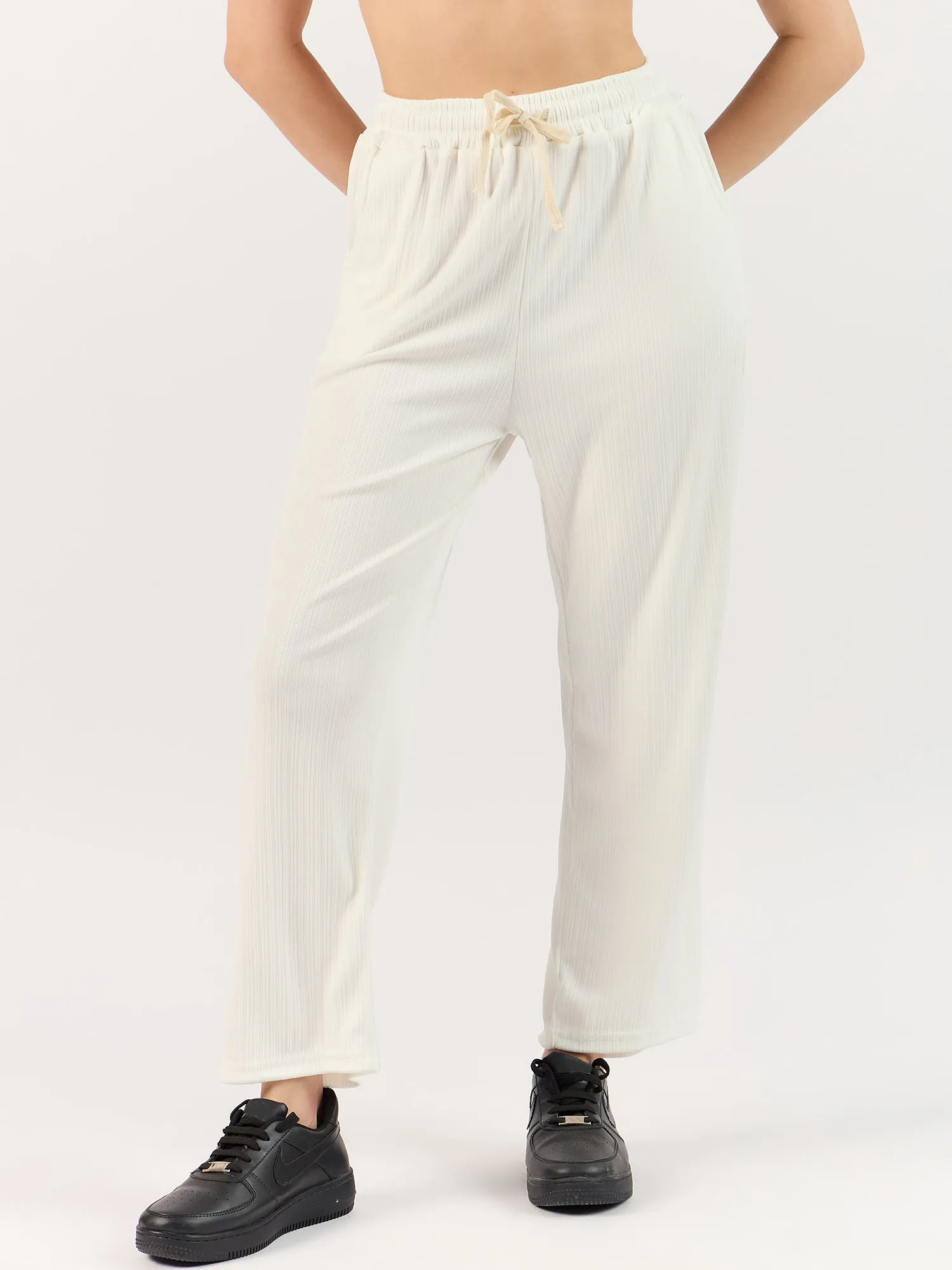 Solid White Textured Wide Leg Trouser