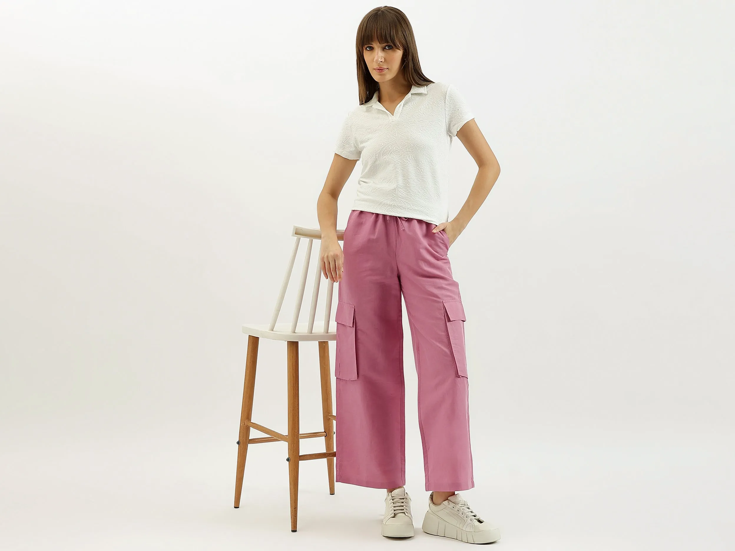 Solid Wide Leg Cargo Trousers