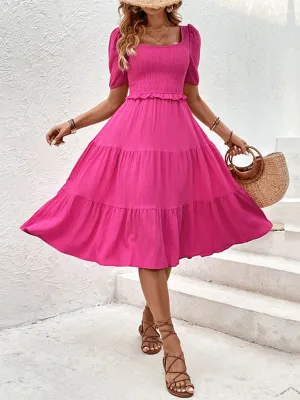 Square Neck Smocked Bodice Dress with Puff Sleeves