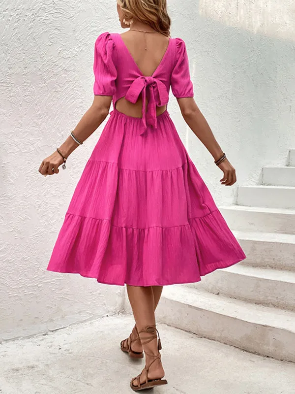 Square Neck Smocked Bodice Dress with Puff Sleeves