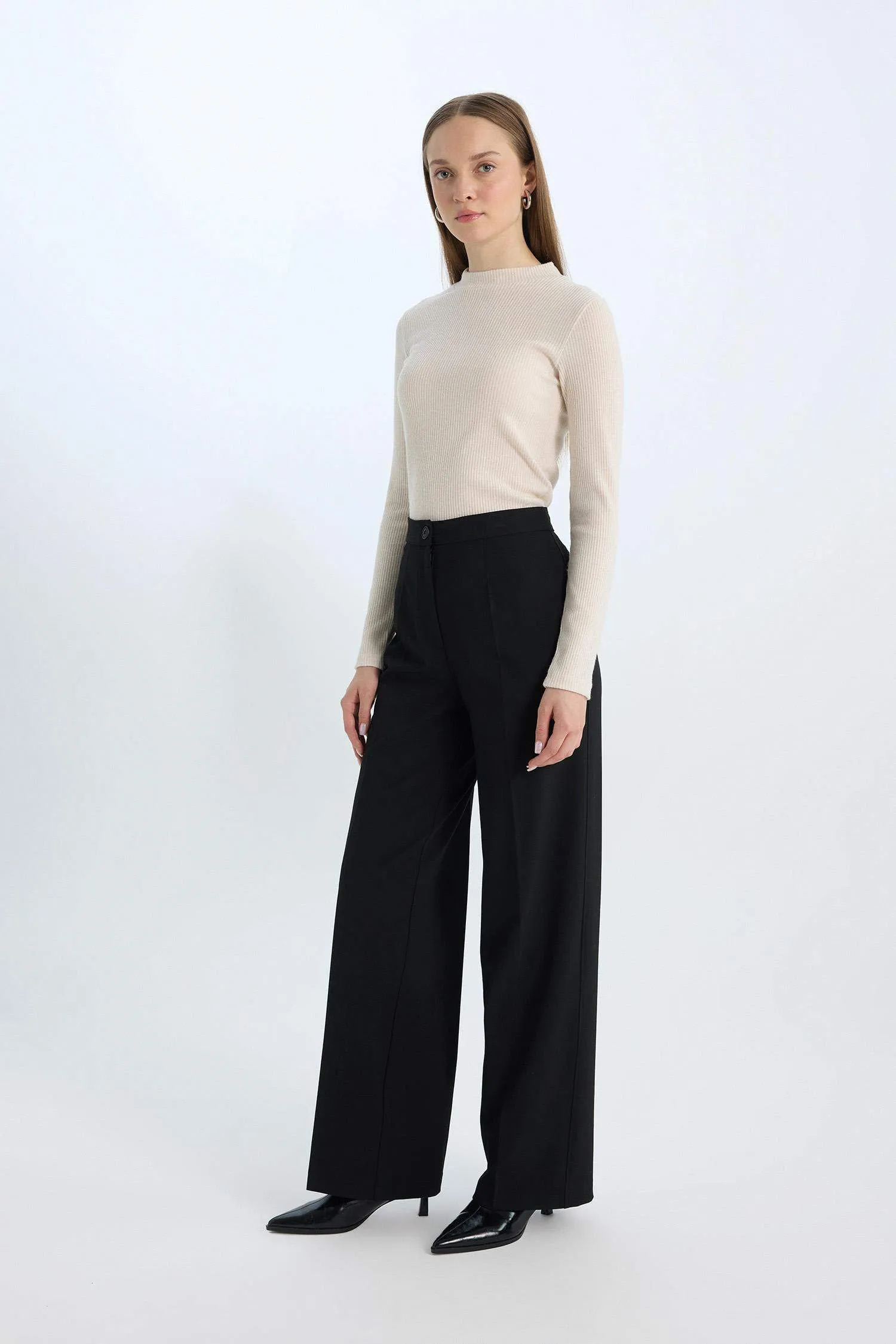Standard Size Fabric Pants Wide Leg Wide Pleated Leg Basic Straight High Waist