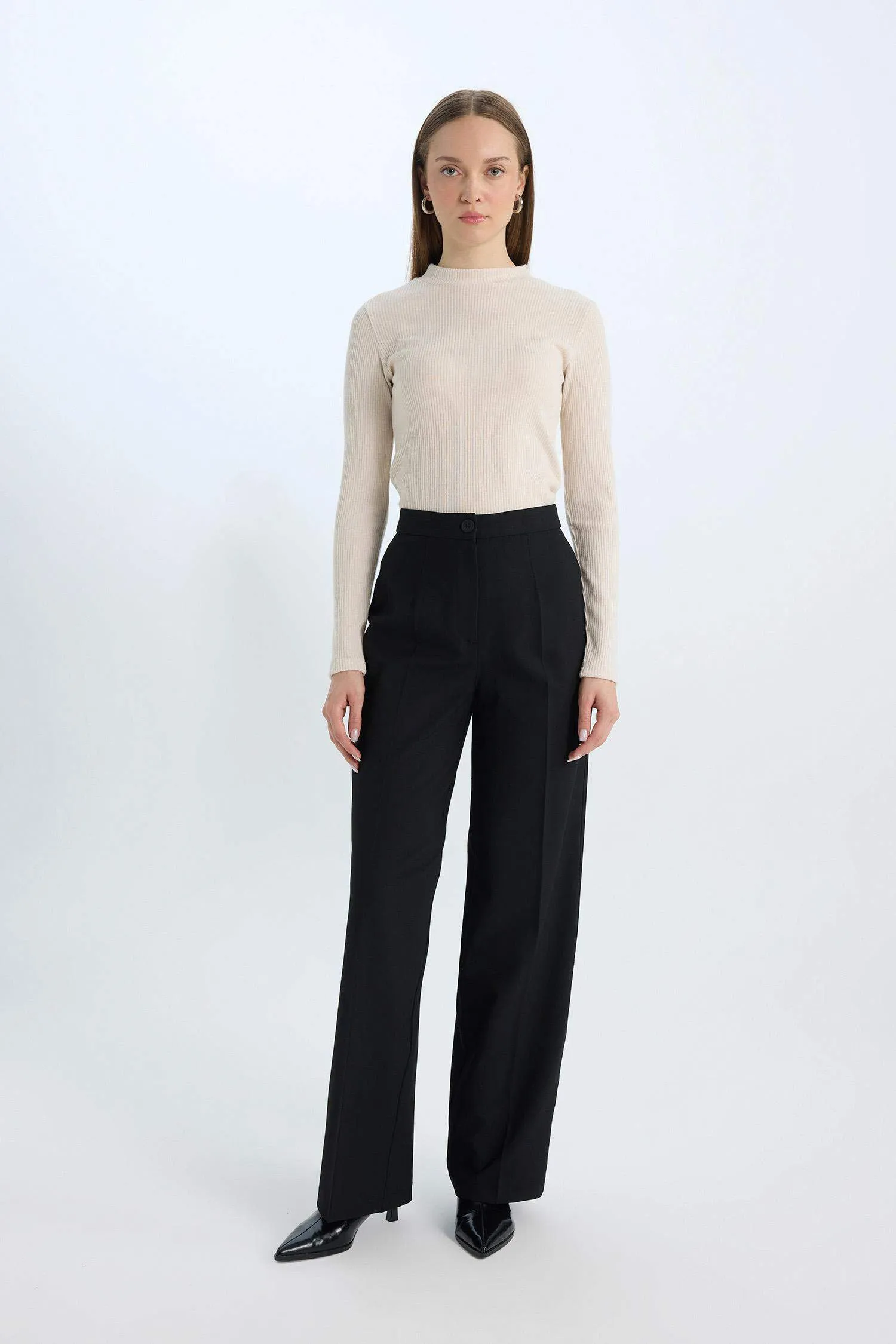 Standard Size Fabric Pants Wide Leg Wide Pleated Leg Basic Straight High Waist