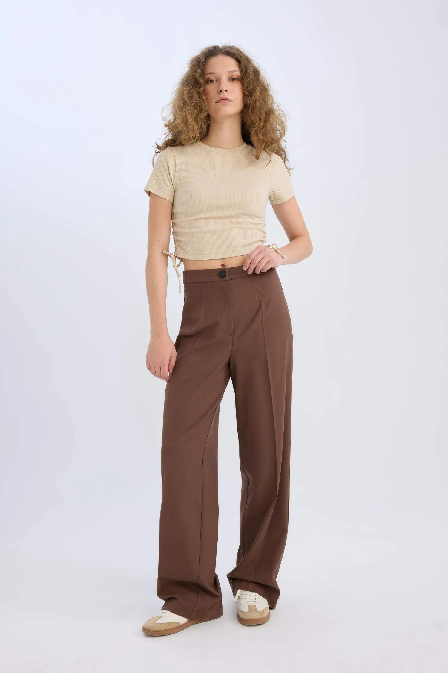 Standard Size Fabric Pants Wide Leg Wide Pleated Leg Basic Straight High Waist