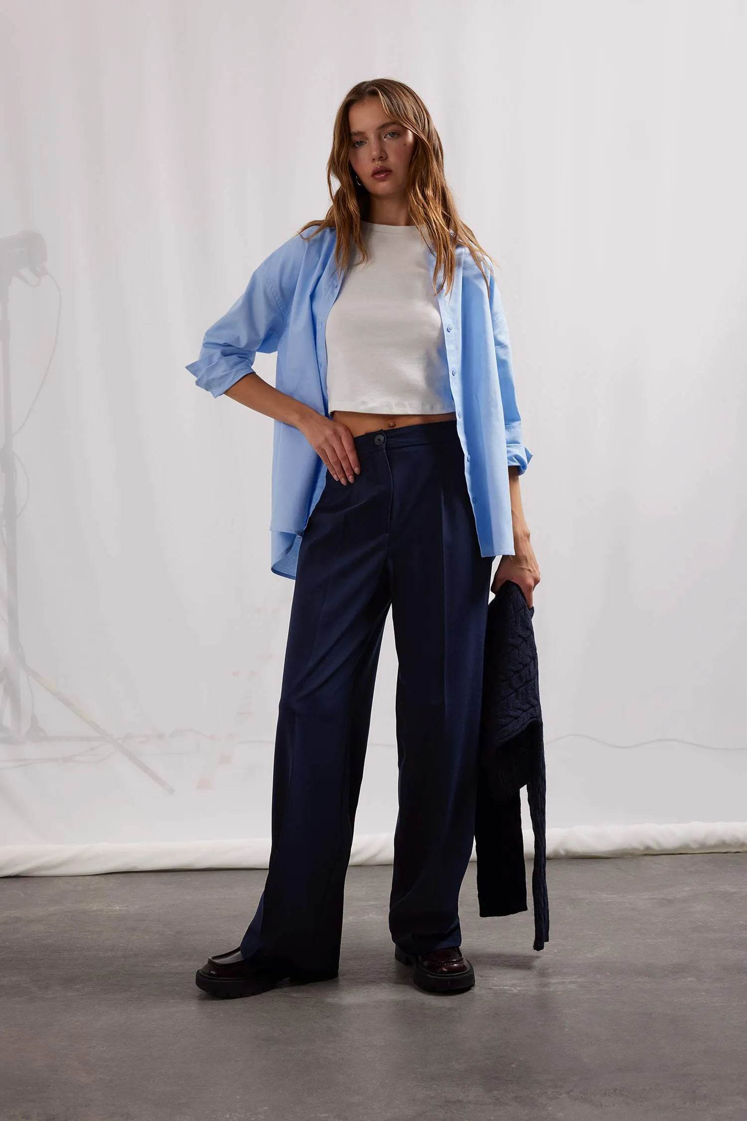 Standard Size Fabric Pants Wide Leg Wide Pleated Leg Basic Straight High Waist
