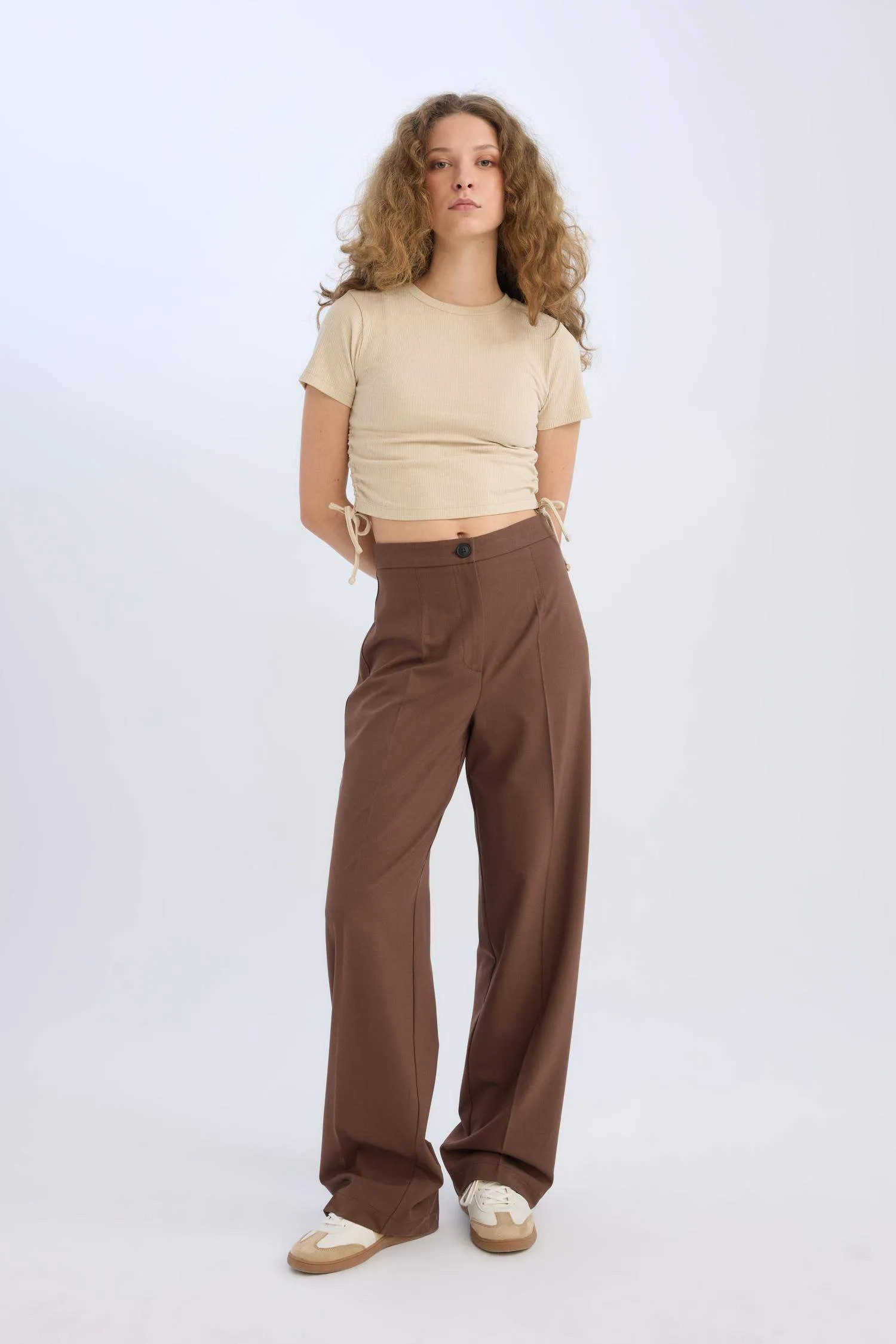 Standard Size Fabric Pants Wide Leg Wide Pleated Leg Basic Straight High Waist
