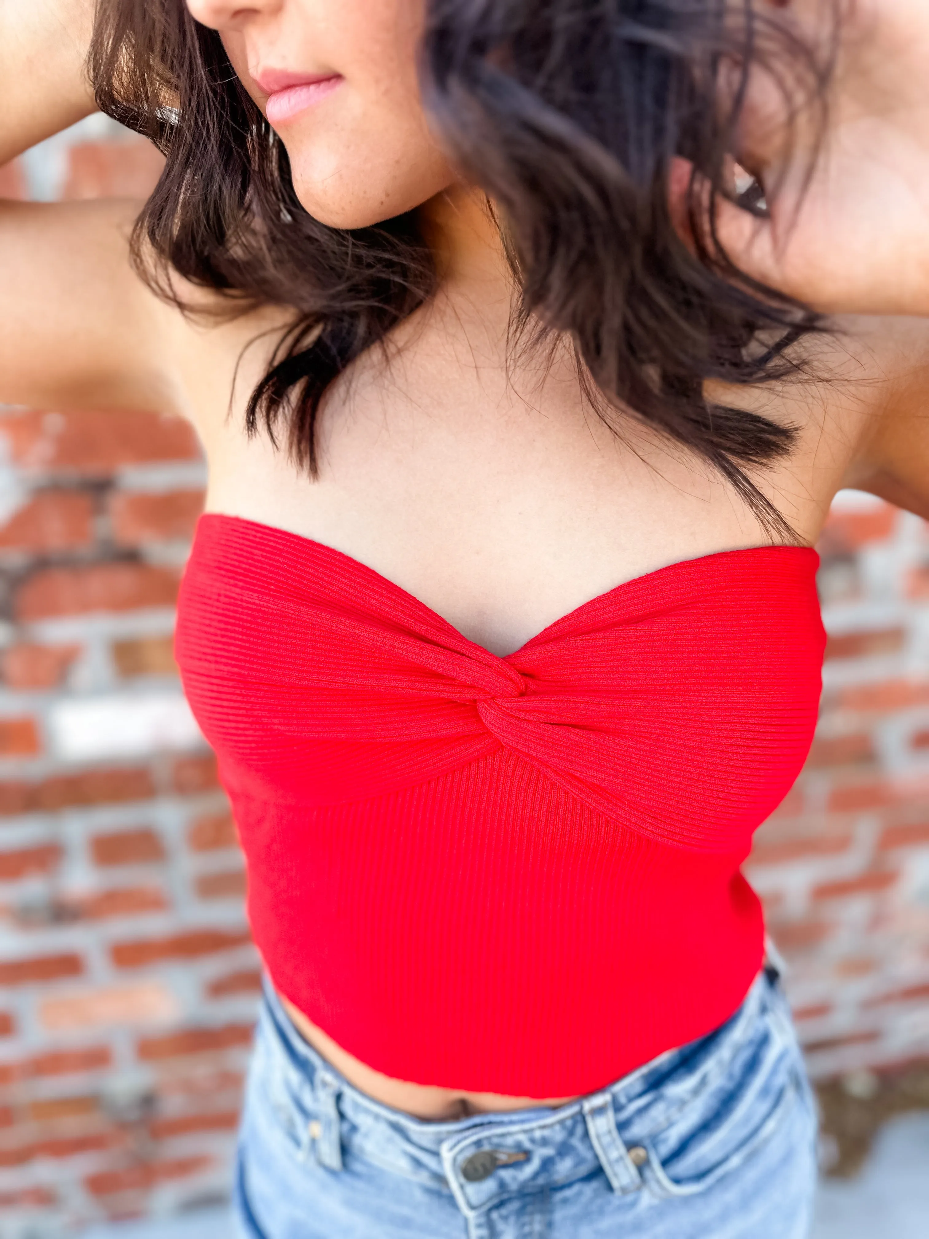 Stella Rib Knit Bandeau Top - Red