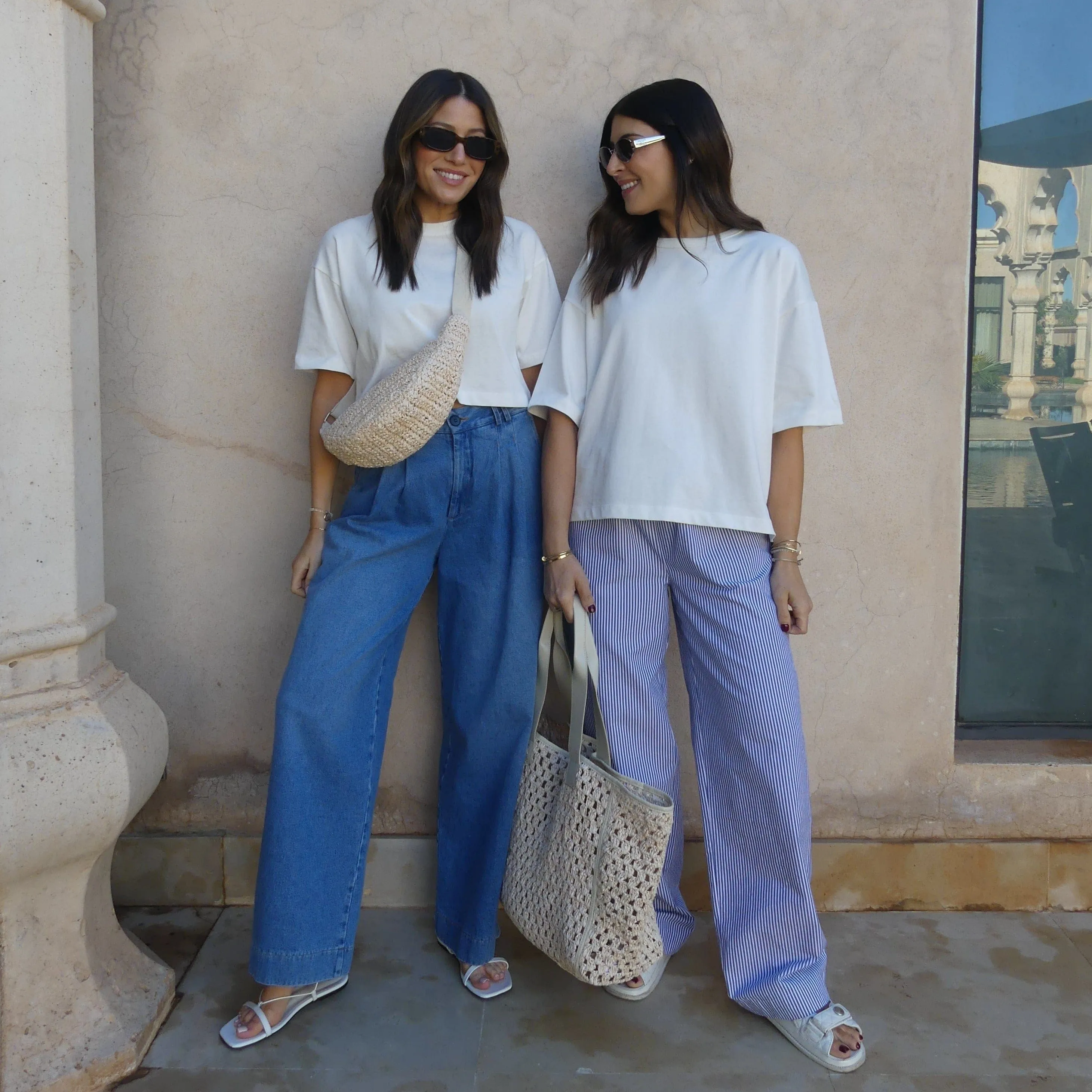 STRIPED COTTON WIDE LEG TROUSERS - BLUE / WHITE