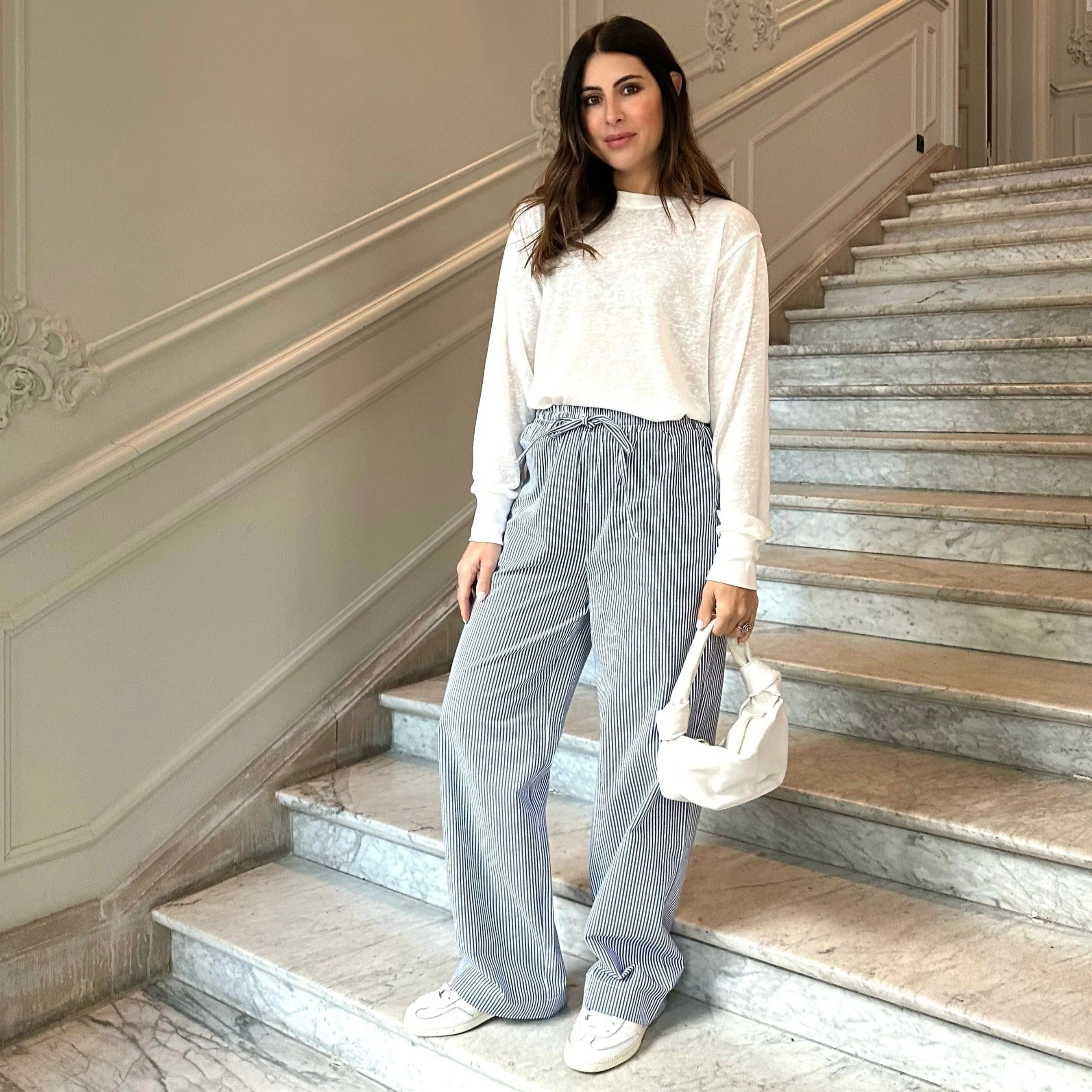 STRIPED COTTON WIDE LEG TROUSERS - BLUE / WHITE
