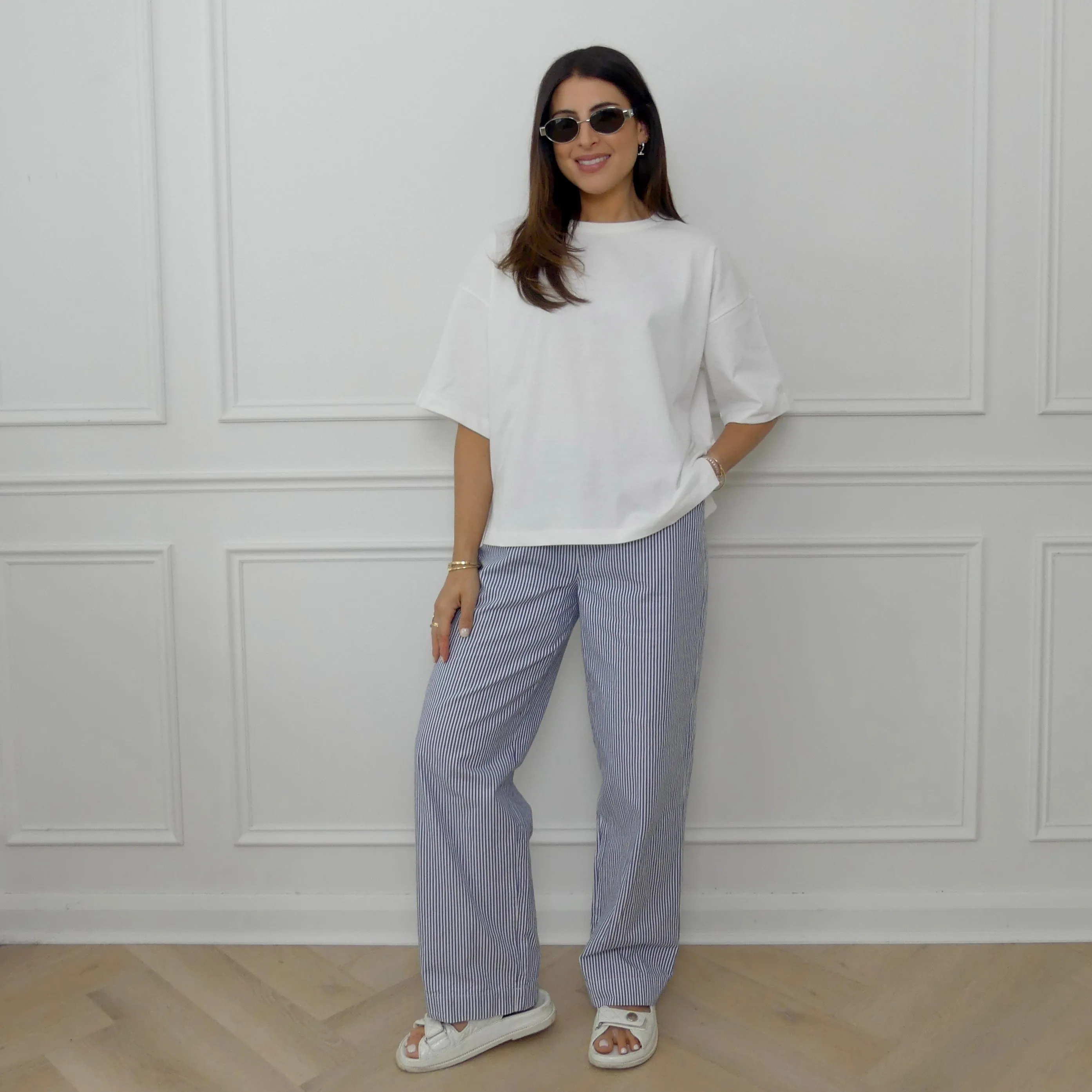 STRIPED COTTON WIDE LEG TROUSERS - BLUE / WHITE
