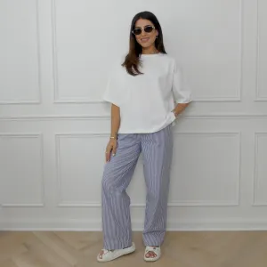 STRIPED COTTON WIDE LEG TROUSERS - BLUE / WHITE
