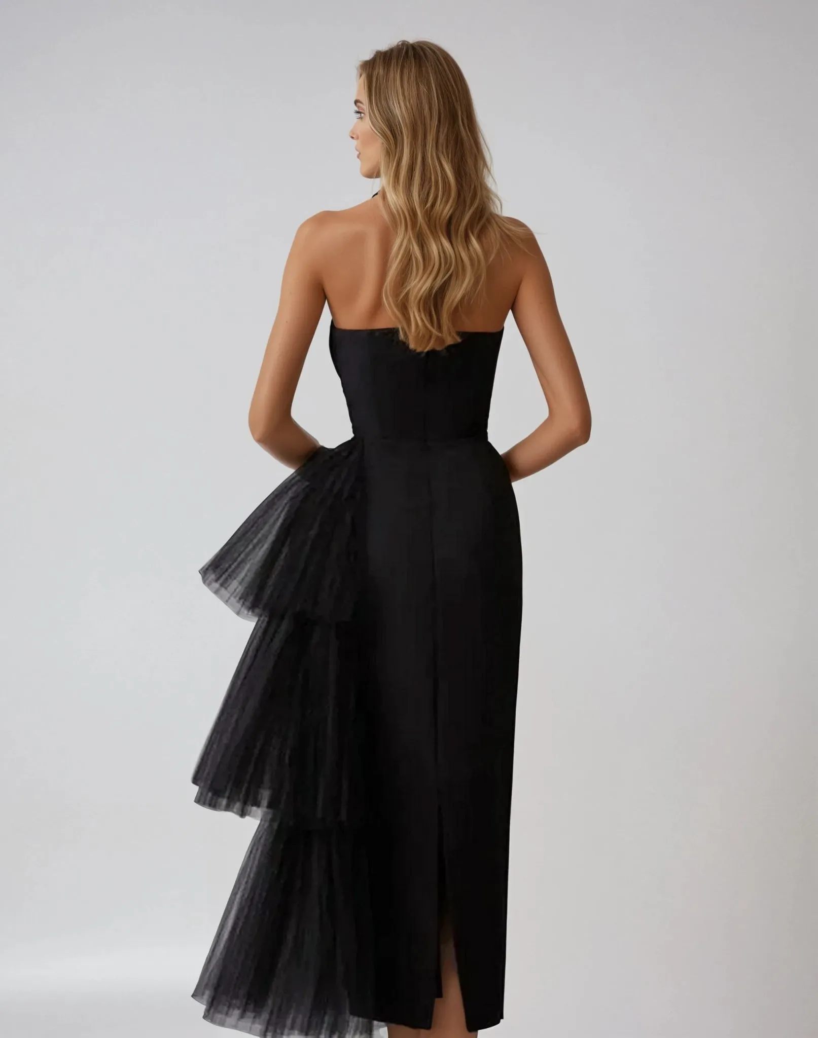 Stunning Black Strapless Mesh Panel Bandage Midi Bustier Dress