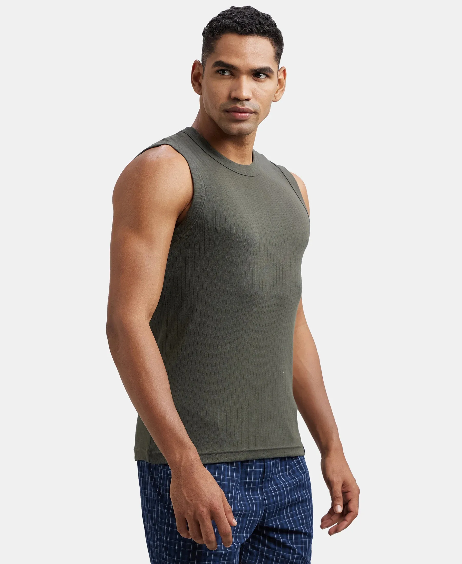 Super Combed Cotton Rib Solid Round Neck Muscle Vest - Deep Olive