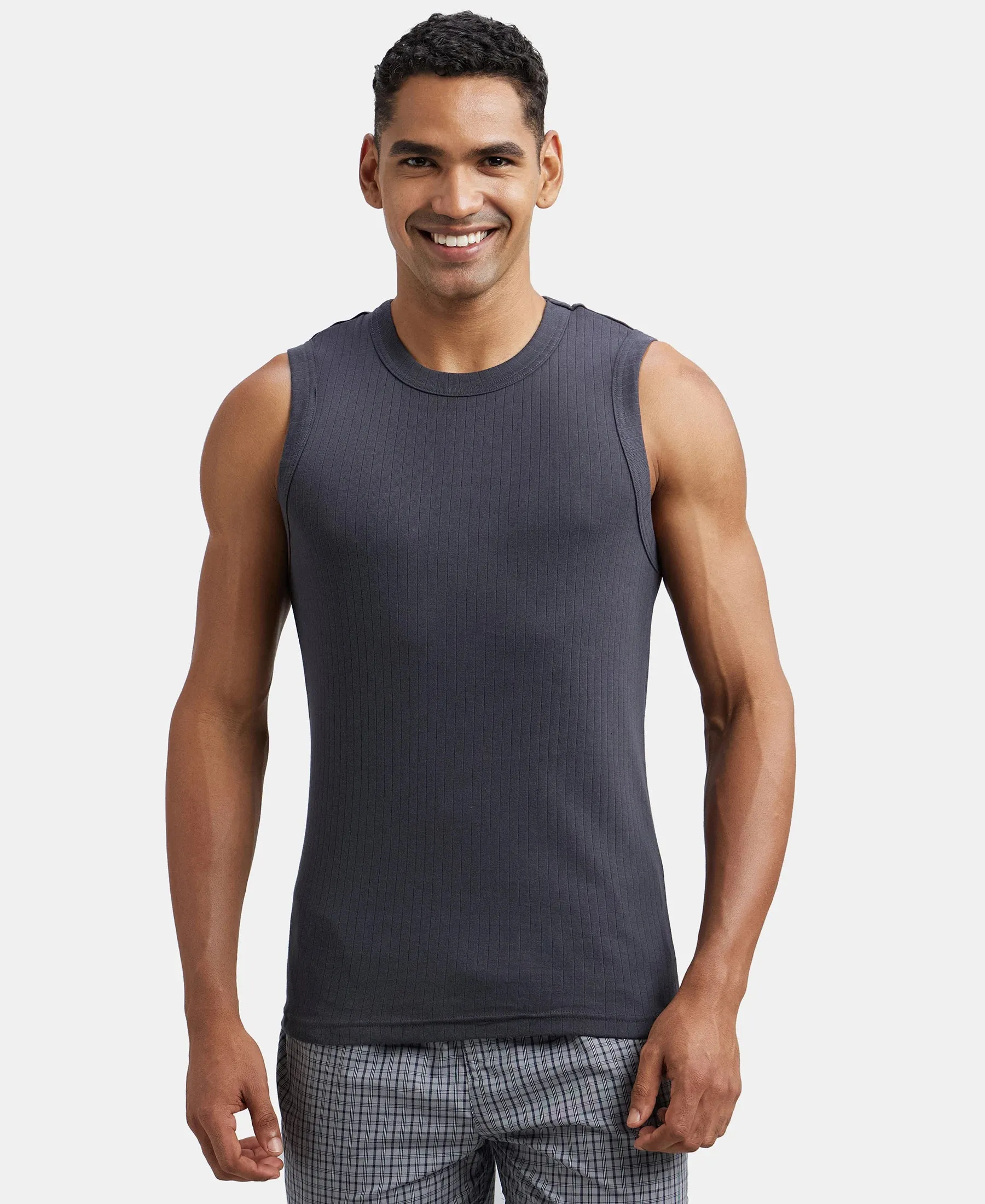 Super Combed Cotton Rib Solid Round Neck Muscle Vest - Graphite