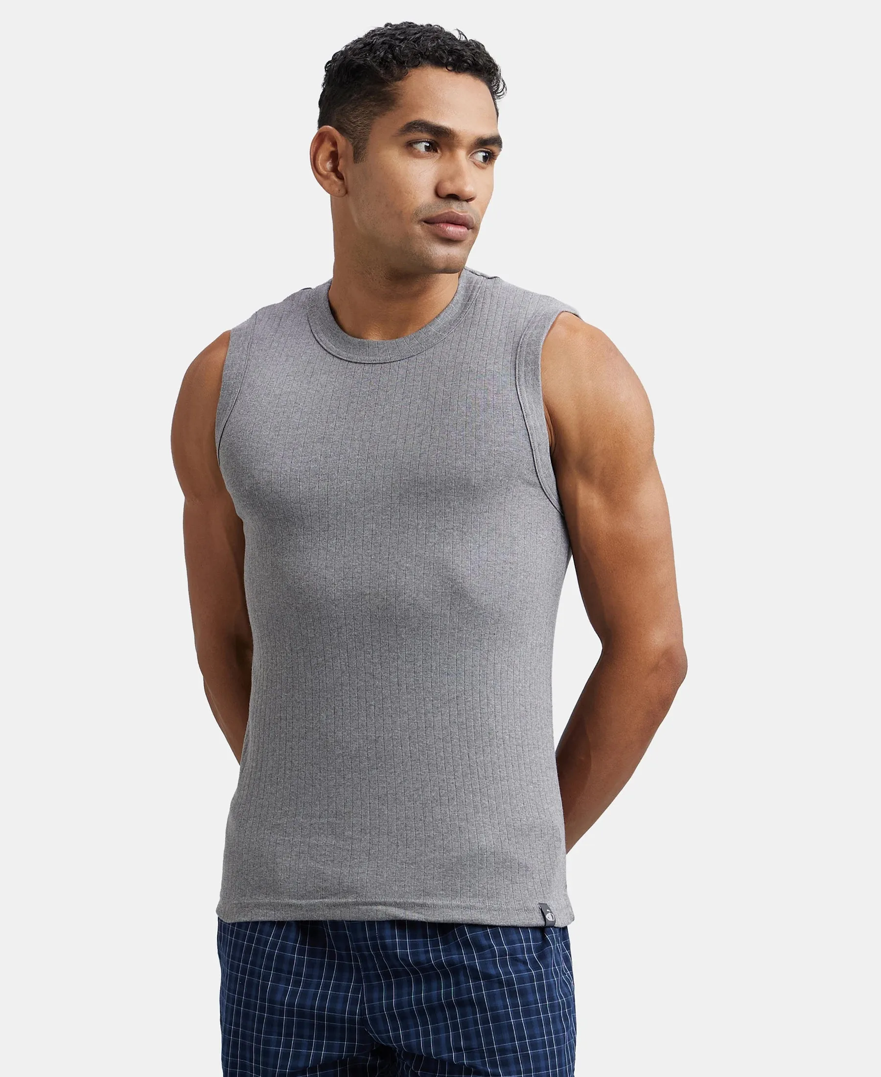Super Combed Cotton Rib Solid Round Neck Muscle Vest - Grey Melange