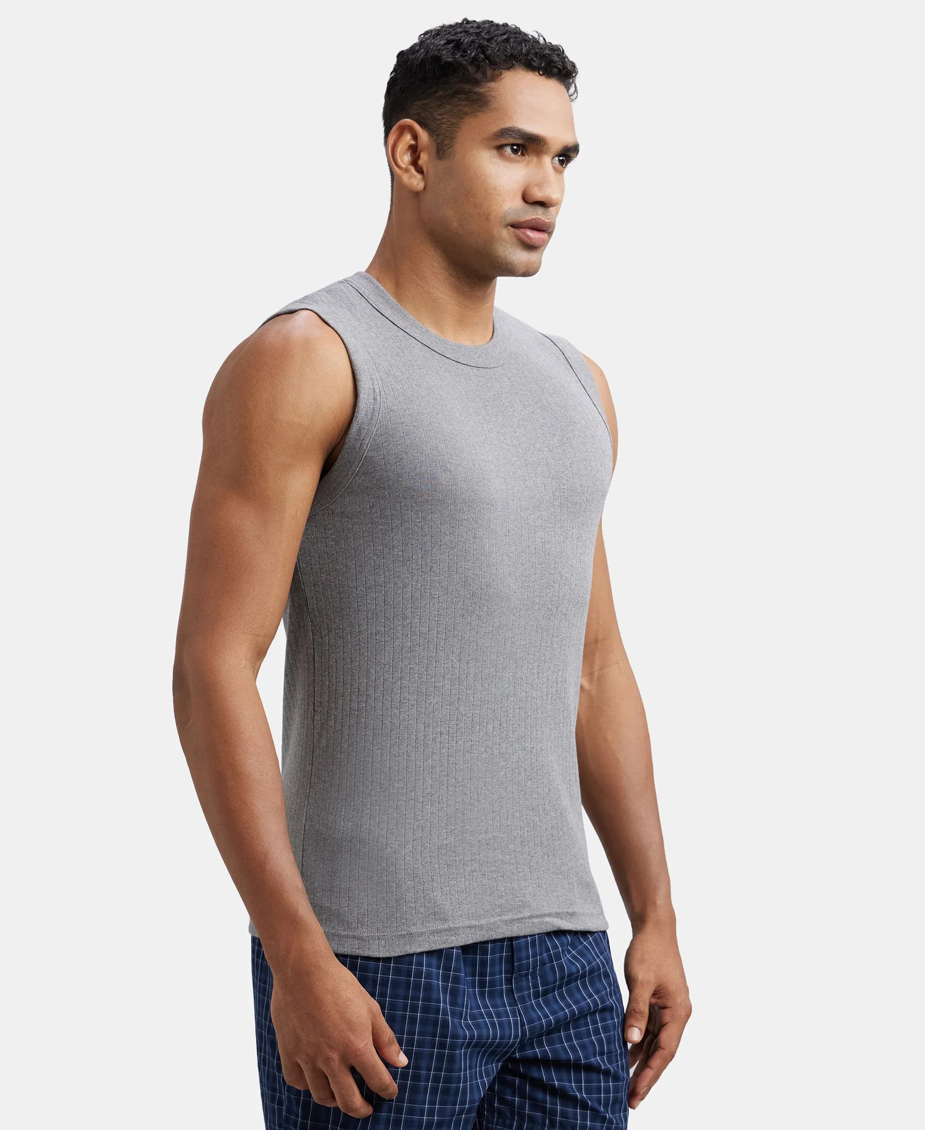 Super Combed Cotton Rib Solid Round Neck Muscle Vest - Grey Melange