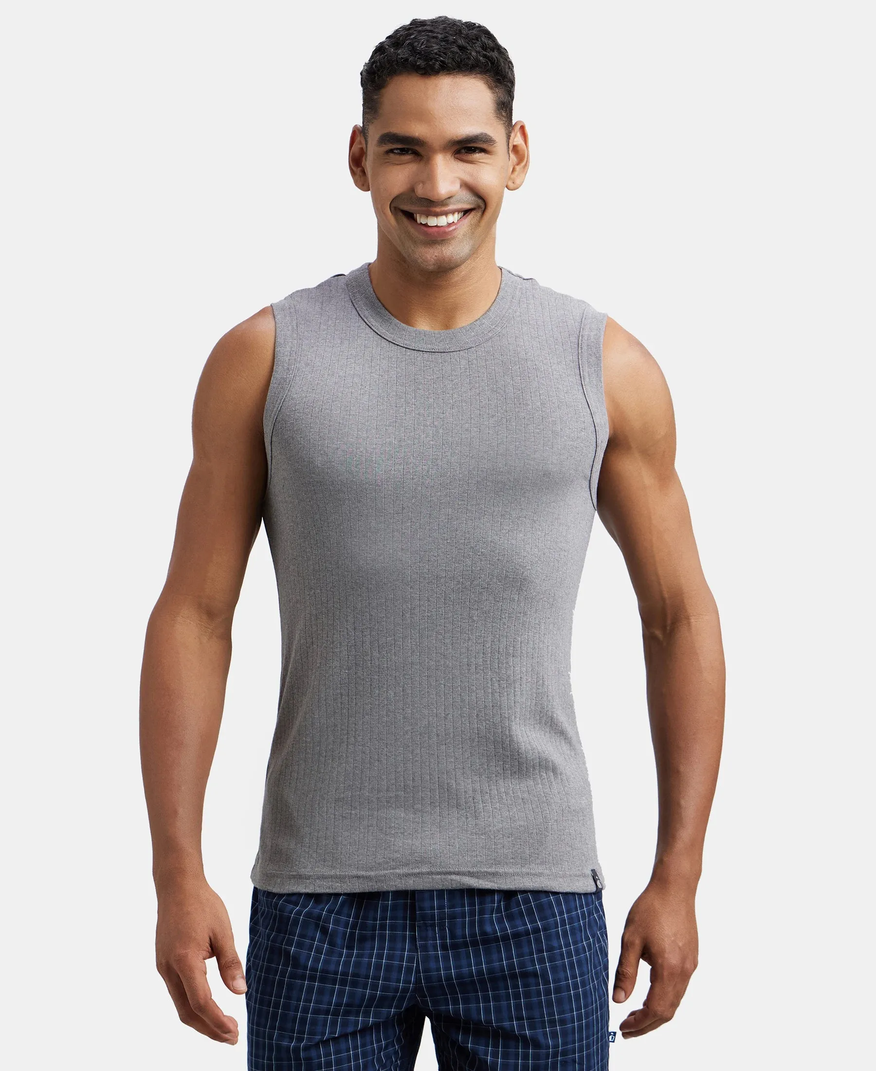 Super Combed Cotton Rib Solid Round Neck Muscle Vest - Grey Melange