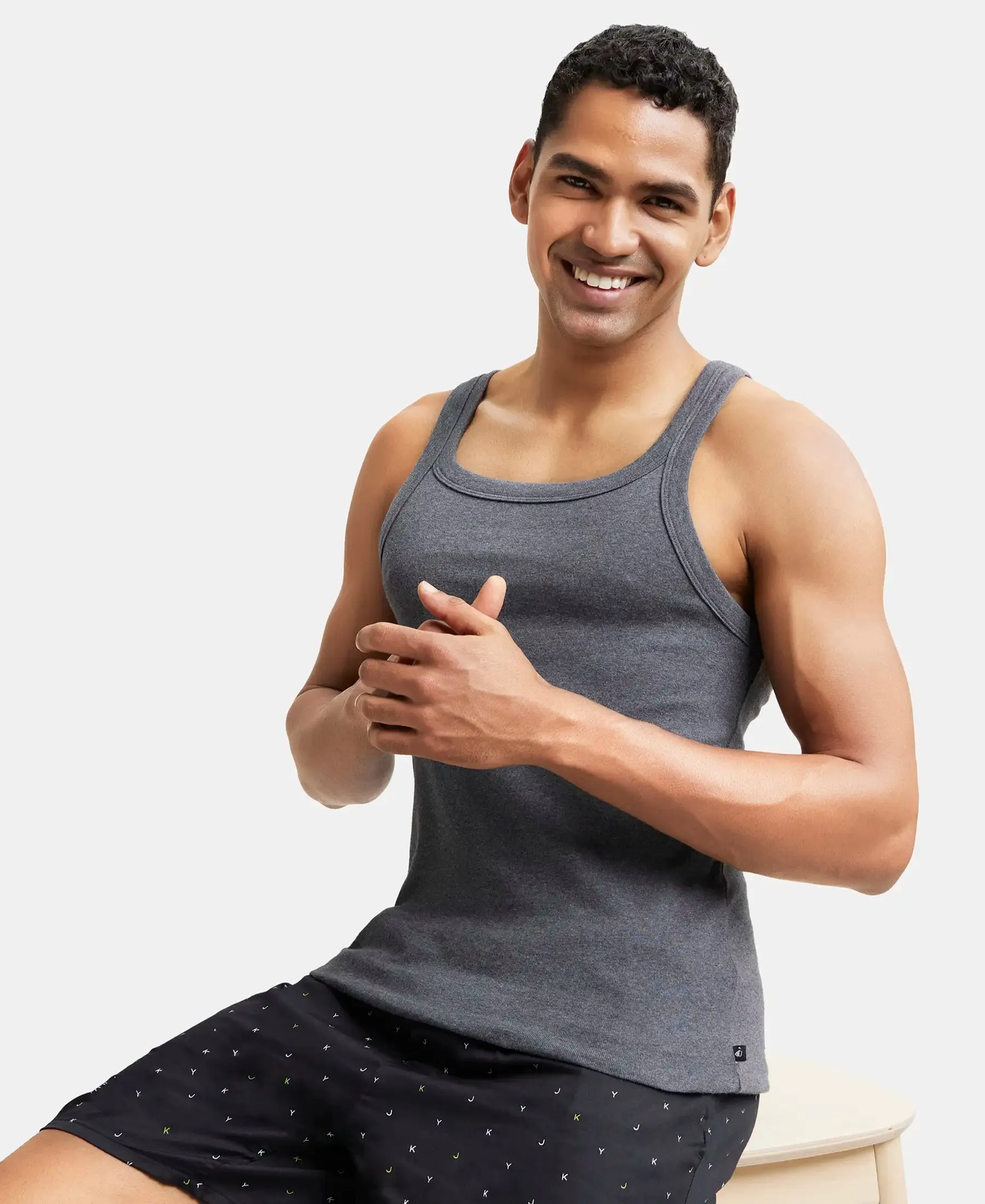 Super Combed Cotton Rib Square Neck Gym Vest - Charcoal Melange