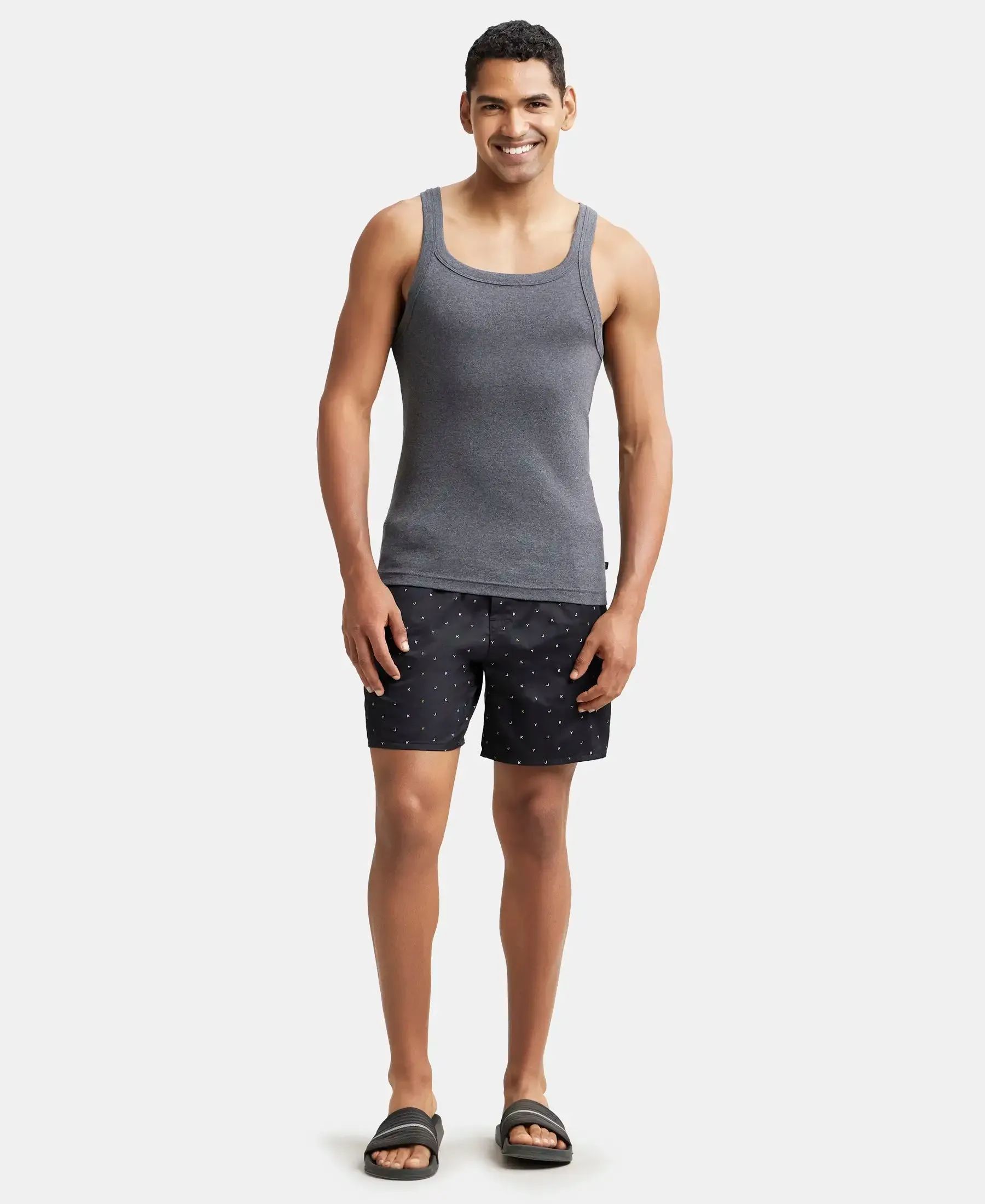 Super Combed Cotton Rib Square Neck Gym Vest - Charcoal Melange