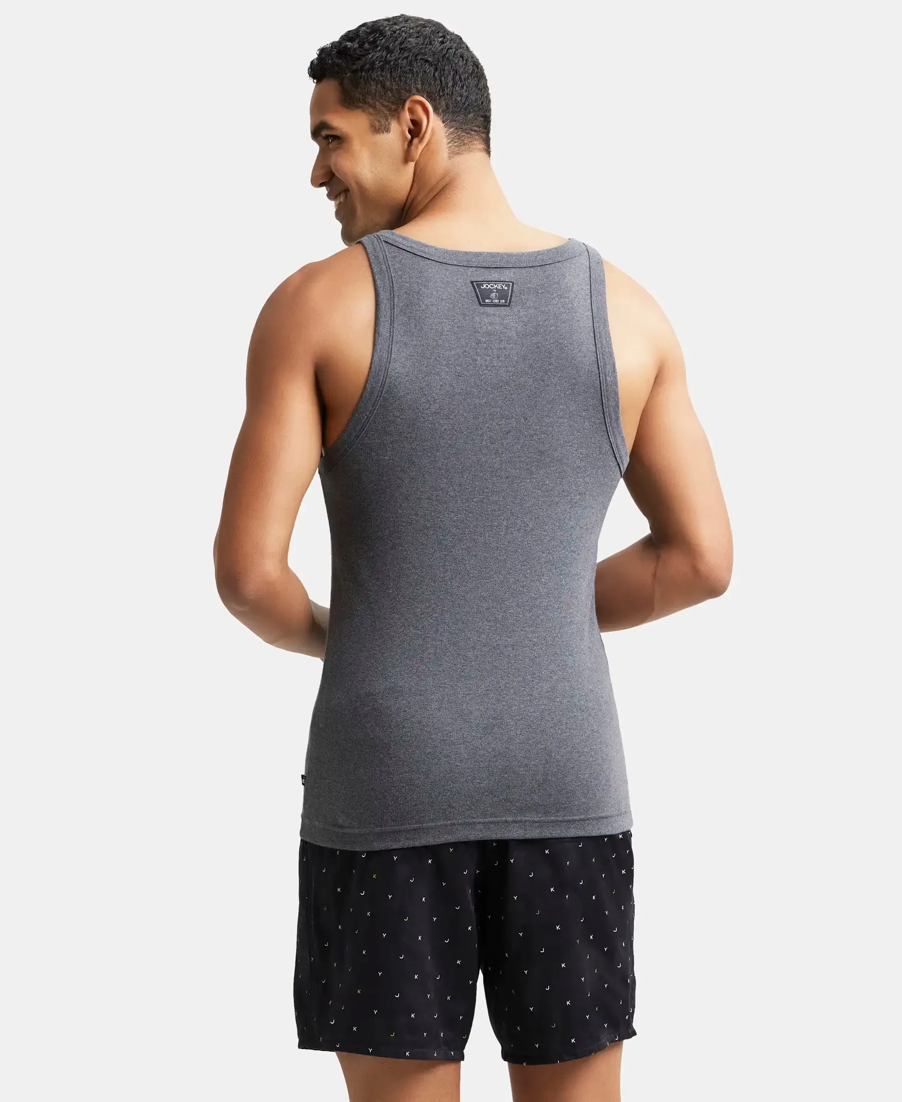 Super Combed Cotton Rib Square Neck Gym Vest - Charcoal Melange