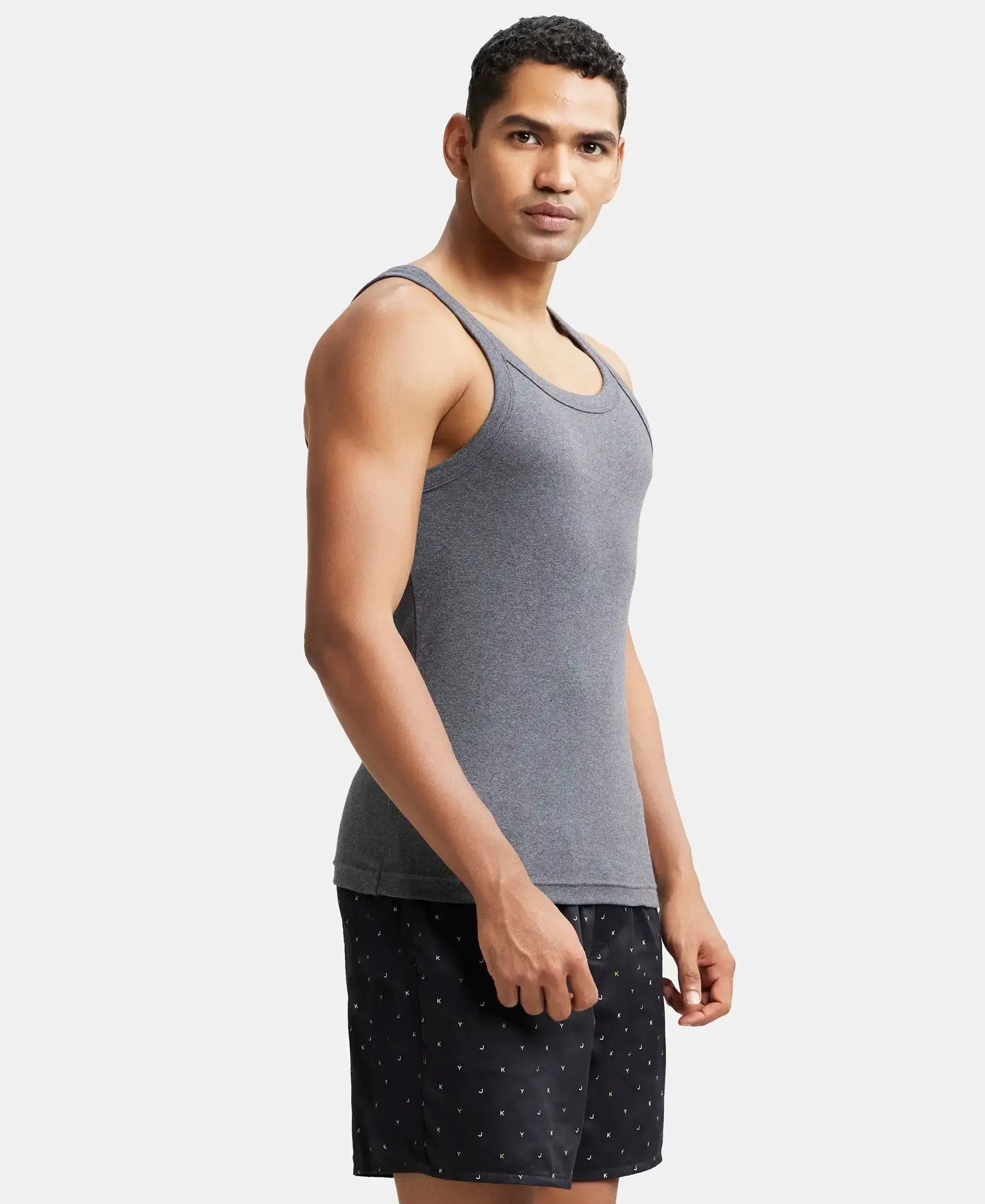 Super Combed Cotton Rib Square Neck Gym Vest - Charcoal Melange