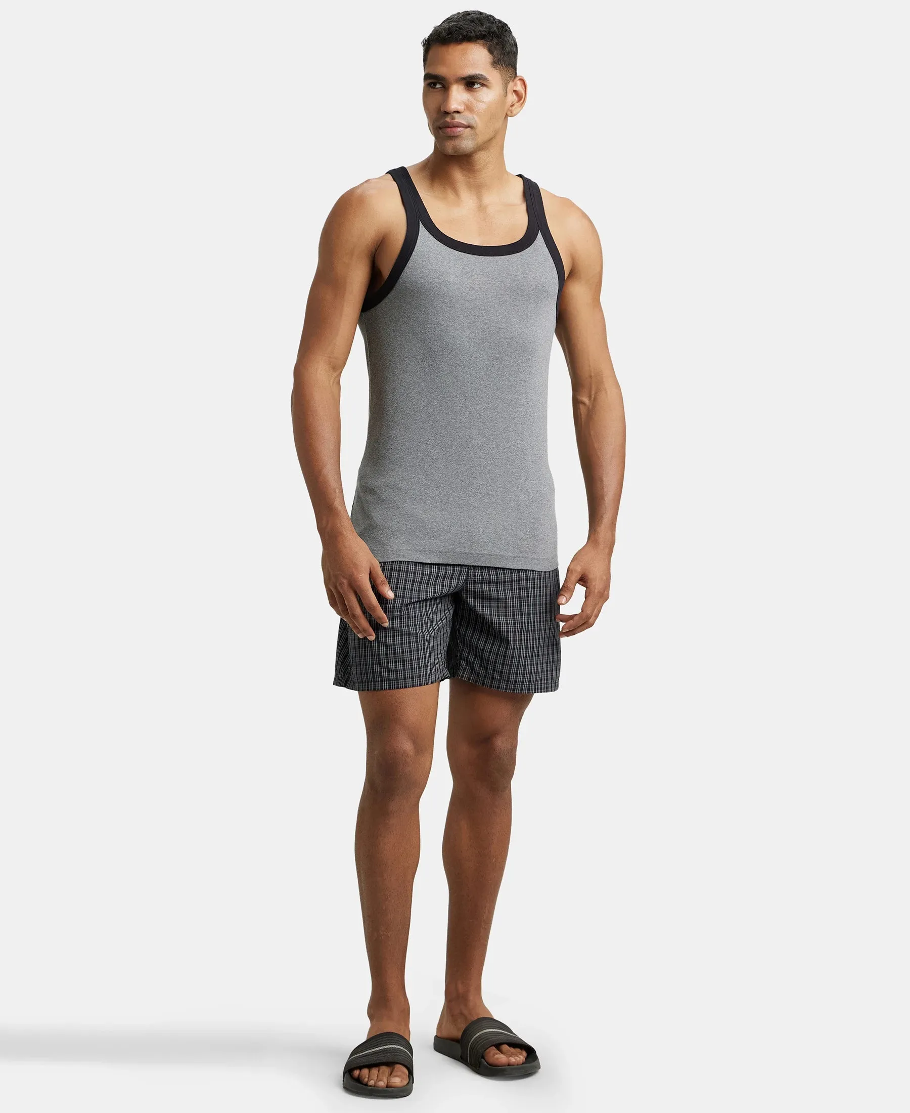 Super Combed Cotton Rib Square Neck Gym Vest - Mid Grey Melange & Black