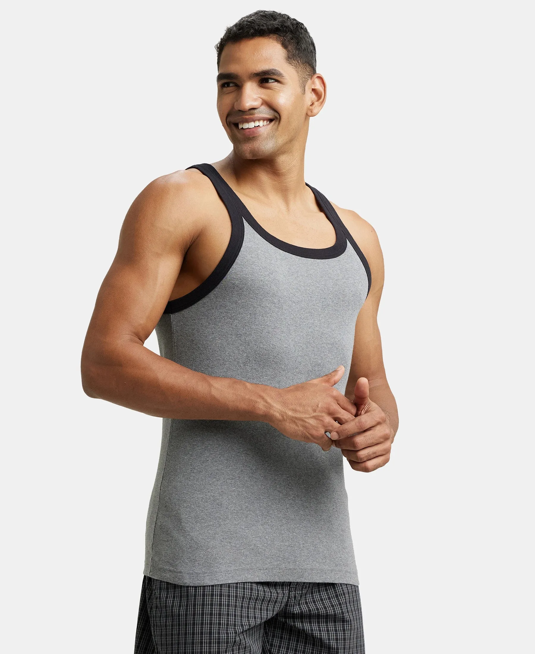 Super Combed Cotton Rib Square Neck Gym Vest - Mid Grey Melange & Black