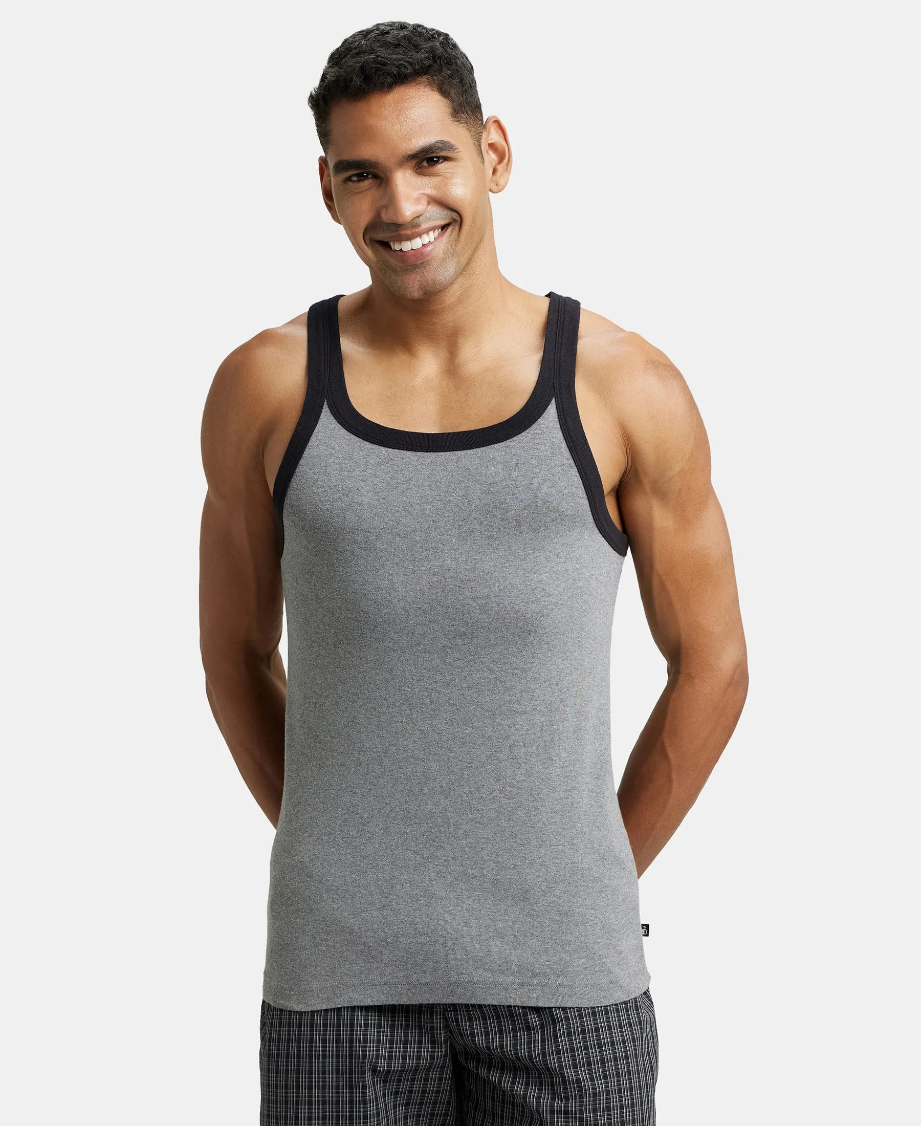 Super Combed Cotton Rib Square Neck Gym Vest - Mid Grey Melange & Black