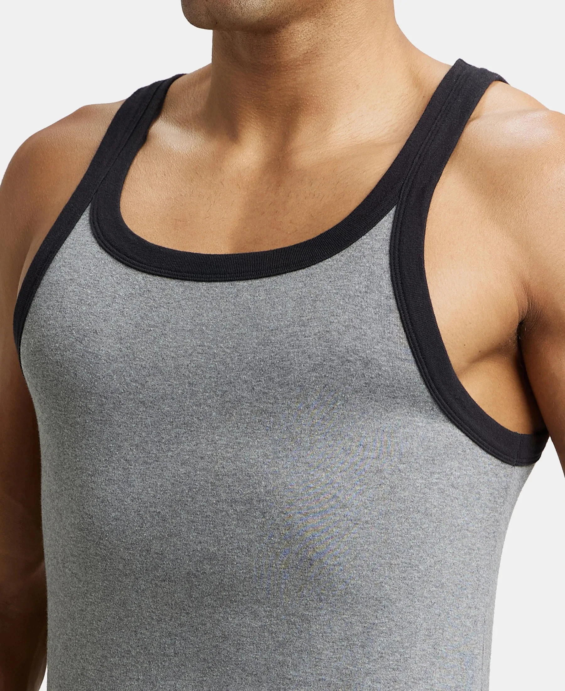 Super Combed Cotton Rib Square Neck Gym Vest - Mid Grey Melange & Black